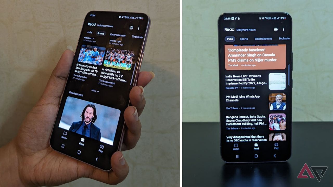 Two images side by side featuring a smartphone with Samsung News