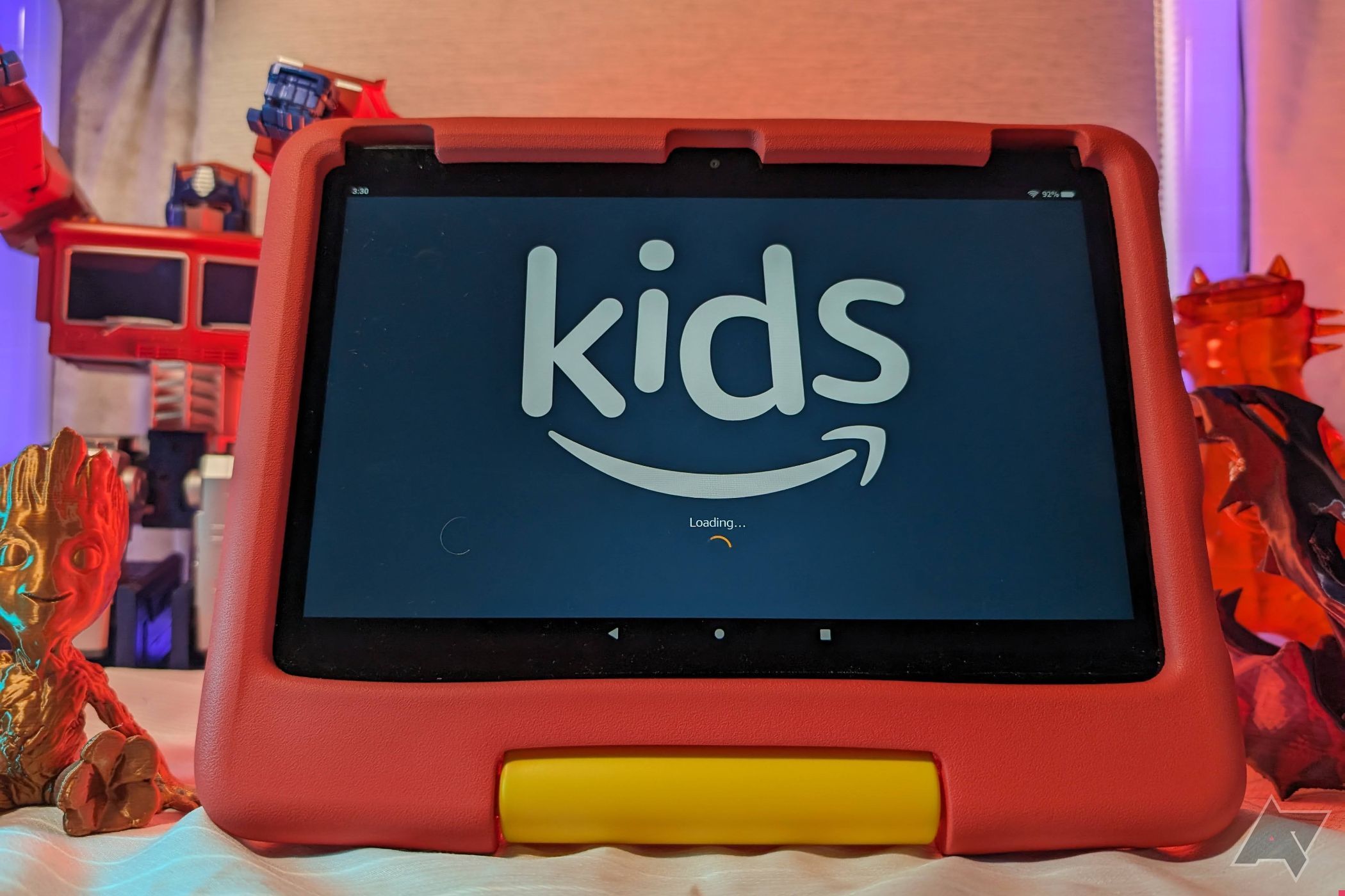Amazon Fire HD 10 Kids showing the Amazon Kids logo
