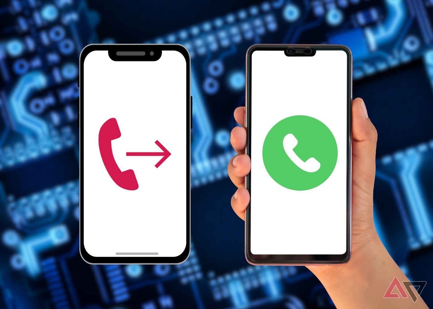 two phones one with a call forwarding icon and one with a call answering icon.