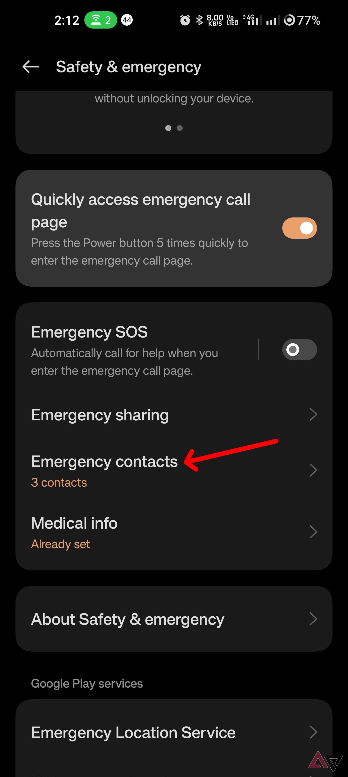 Click emergency contacts to access the submenu.