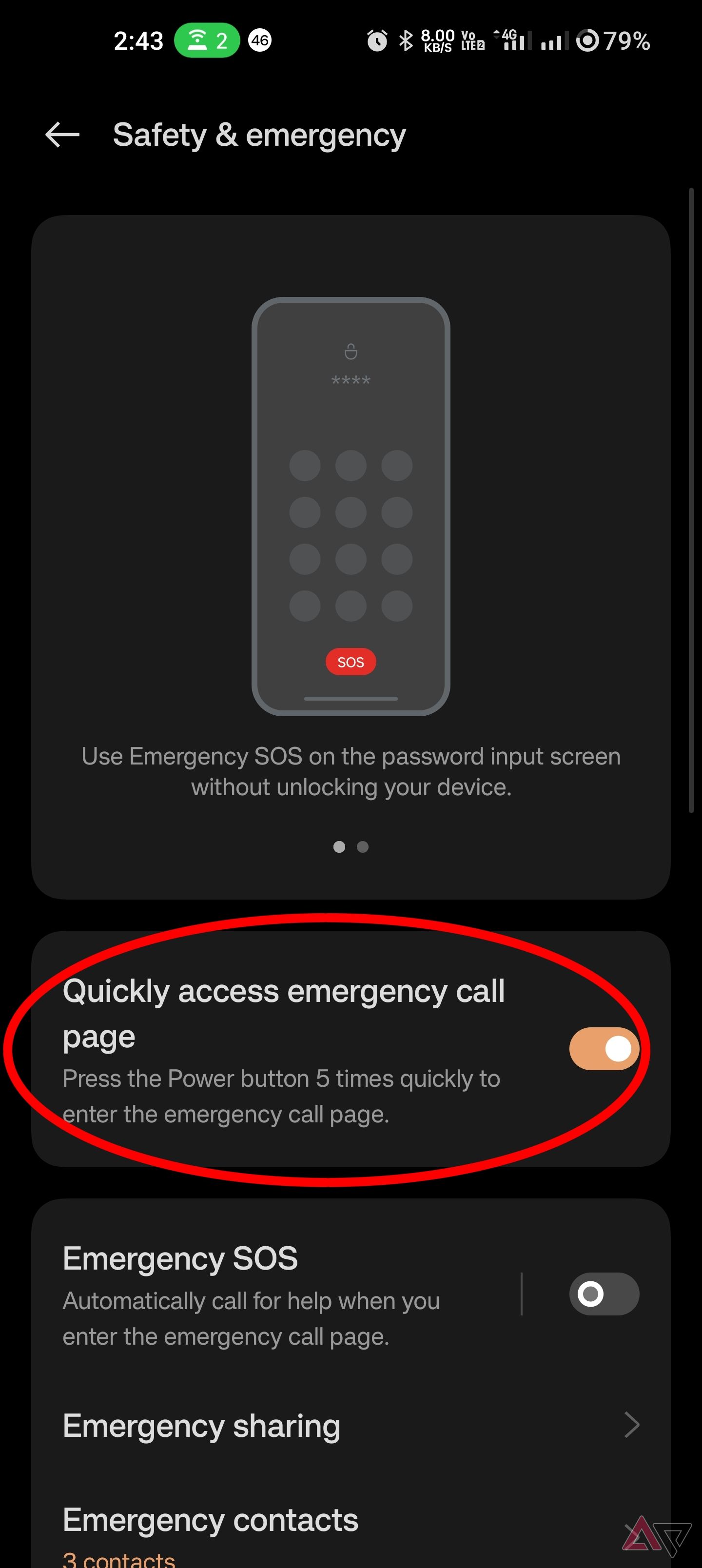Toggle the option to quickly access your emergency call page via the power button.