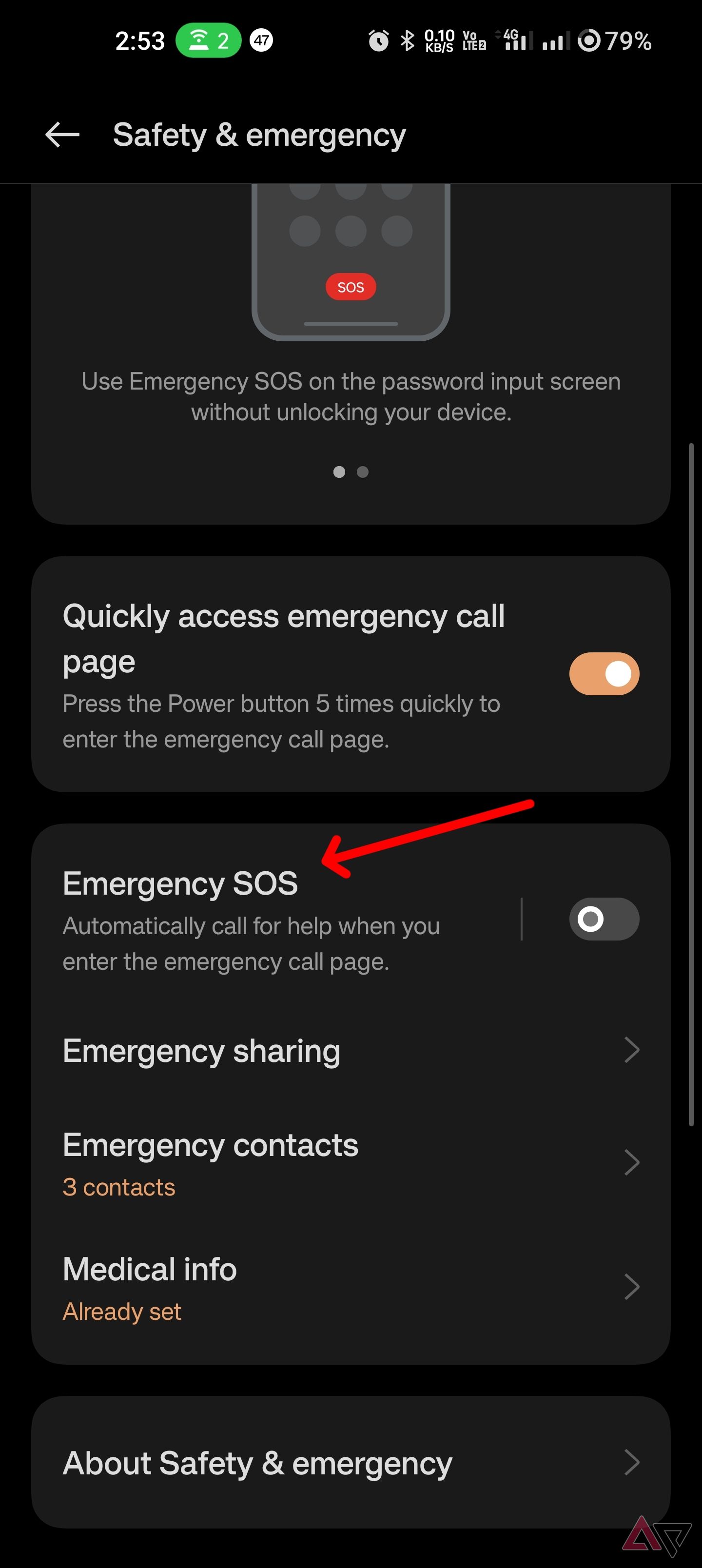 Click on emergency SOS to access its submenu.