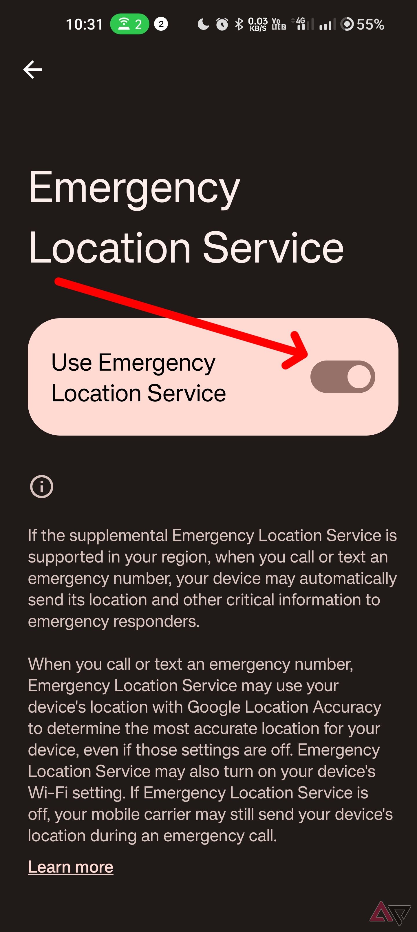 Toggle the switch on to allow emergency location services on your phone.