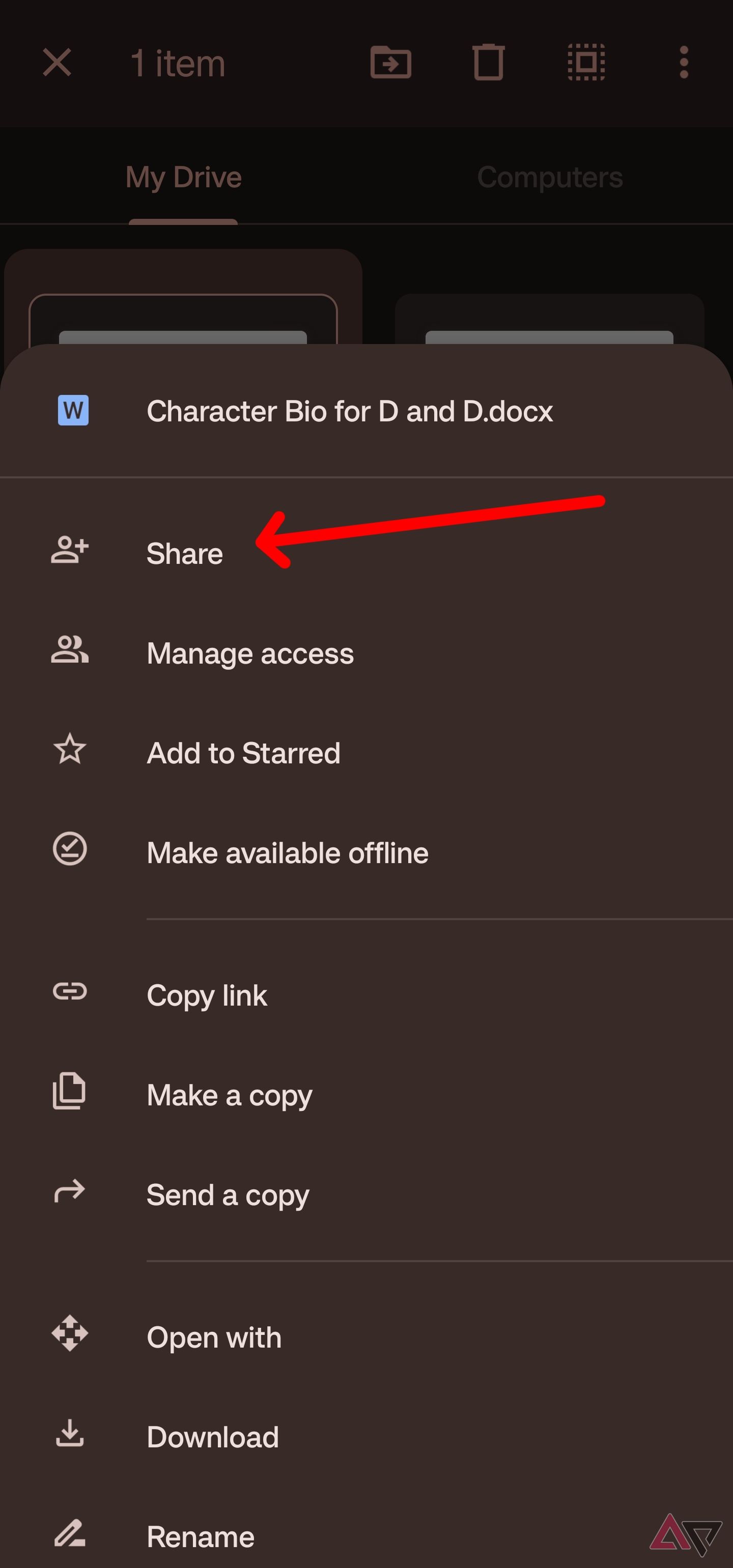 Select share to share your files through the mobile Drive app.