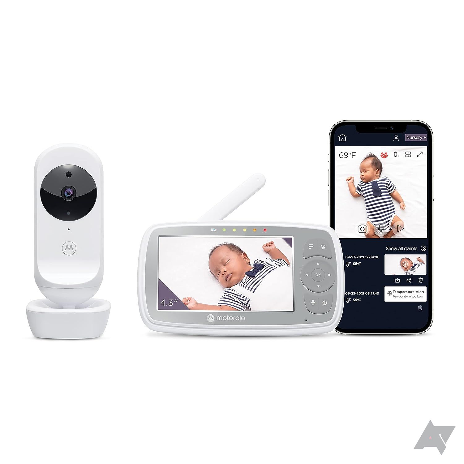Motorola Baby Monitor VM44, along with smartphone showing app, in white background