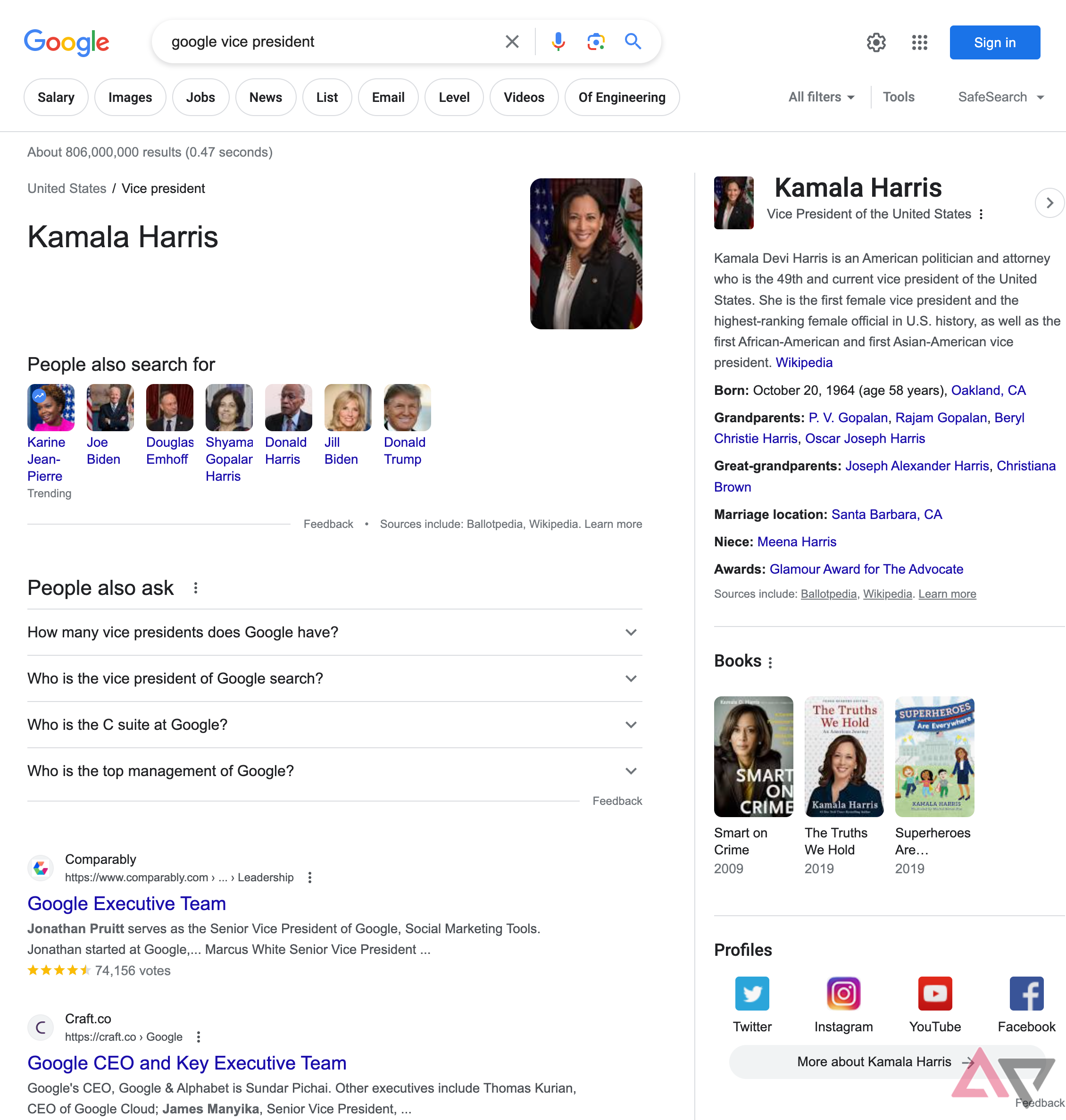Google search results for US Nationals showing Kamala Harris
