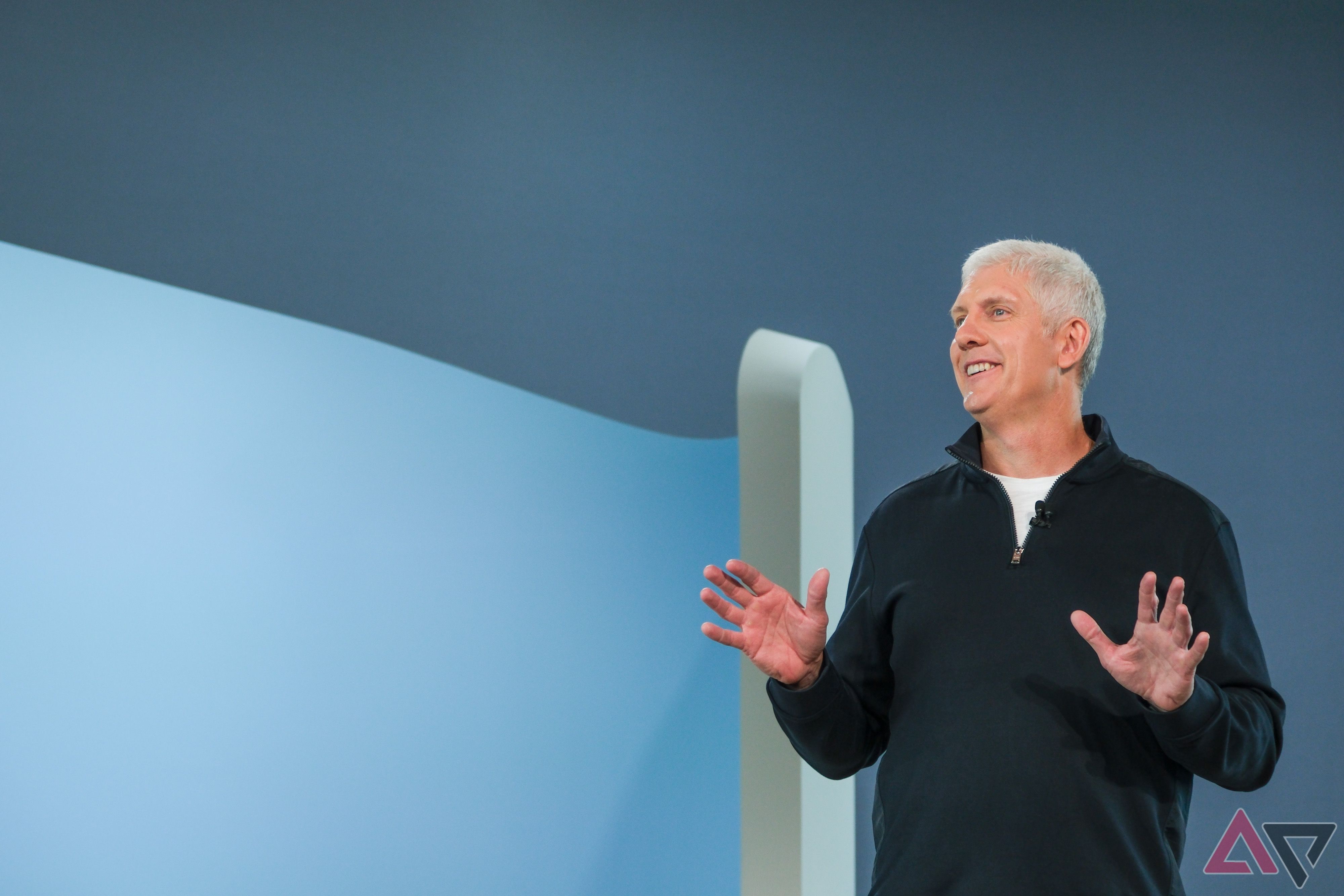 Rick Osterloh on stage in October 2023.