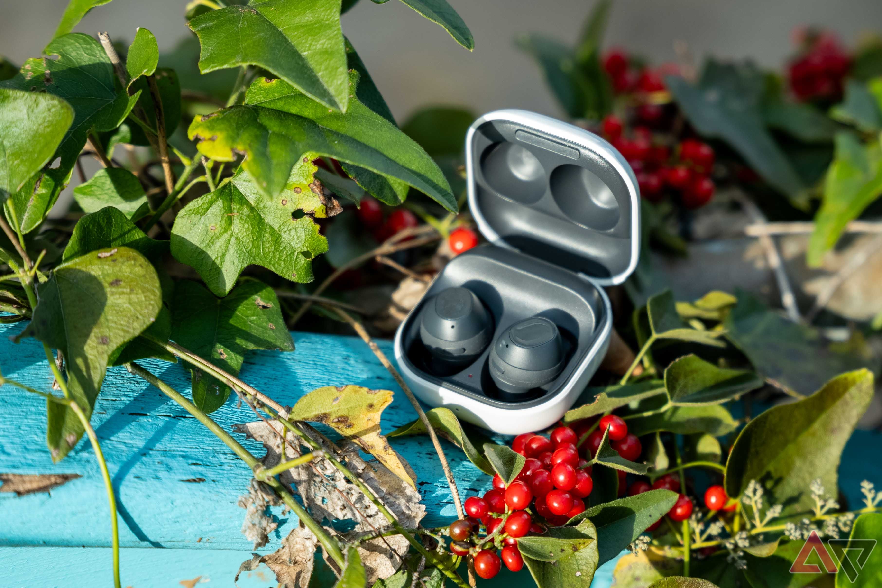The Samsung Galaxy Buds FE sitting in the open case, surrounded by vines and red berries