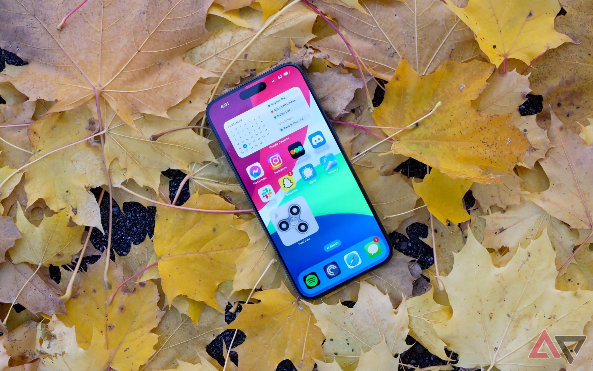 The iPhone 15 Pro Max placed on a pile of leaves