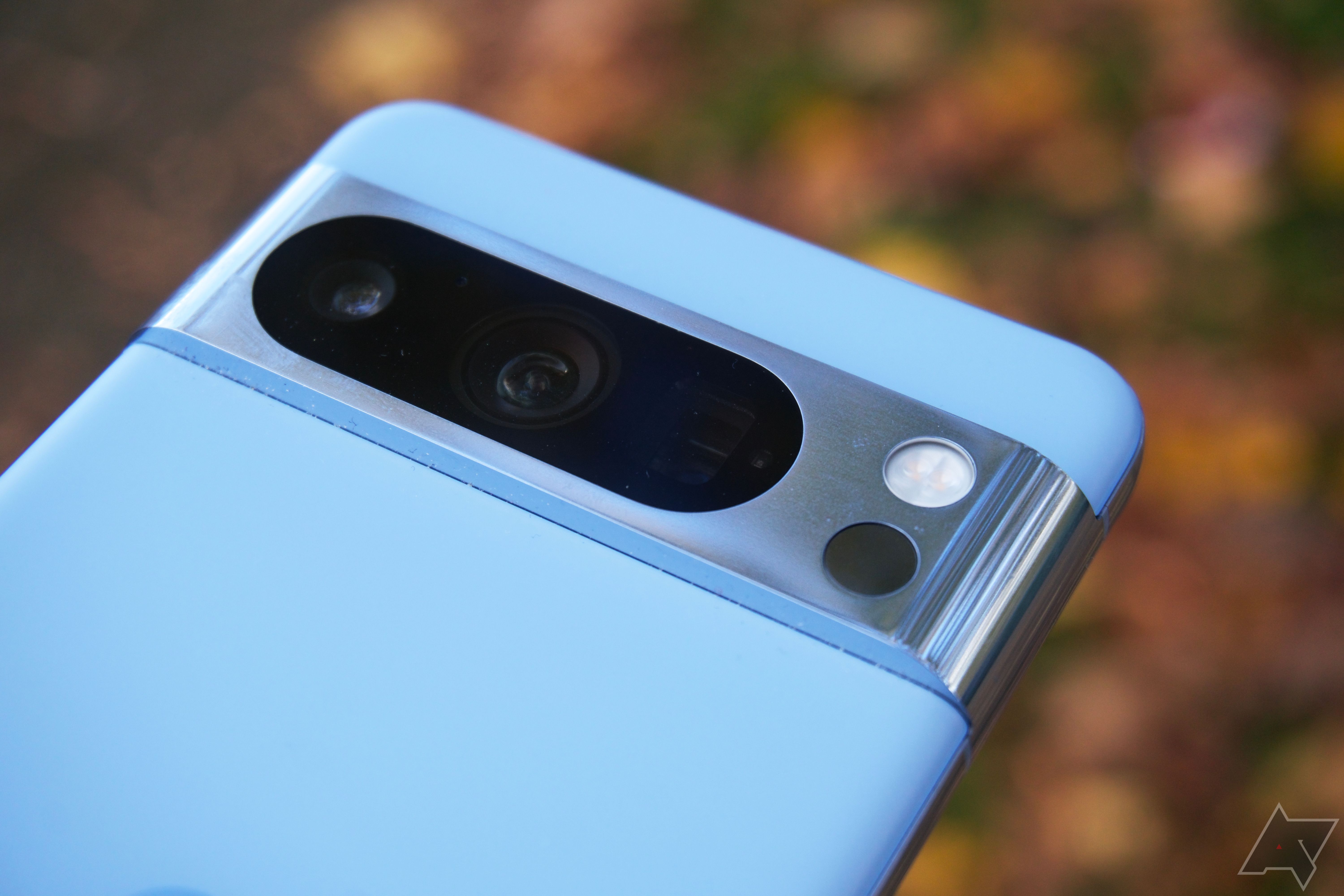 An extreme close-up of the Pixel 8 Pro's camera visor