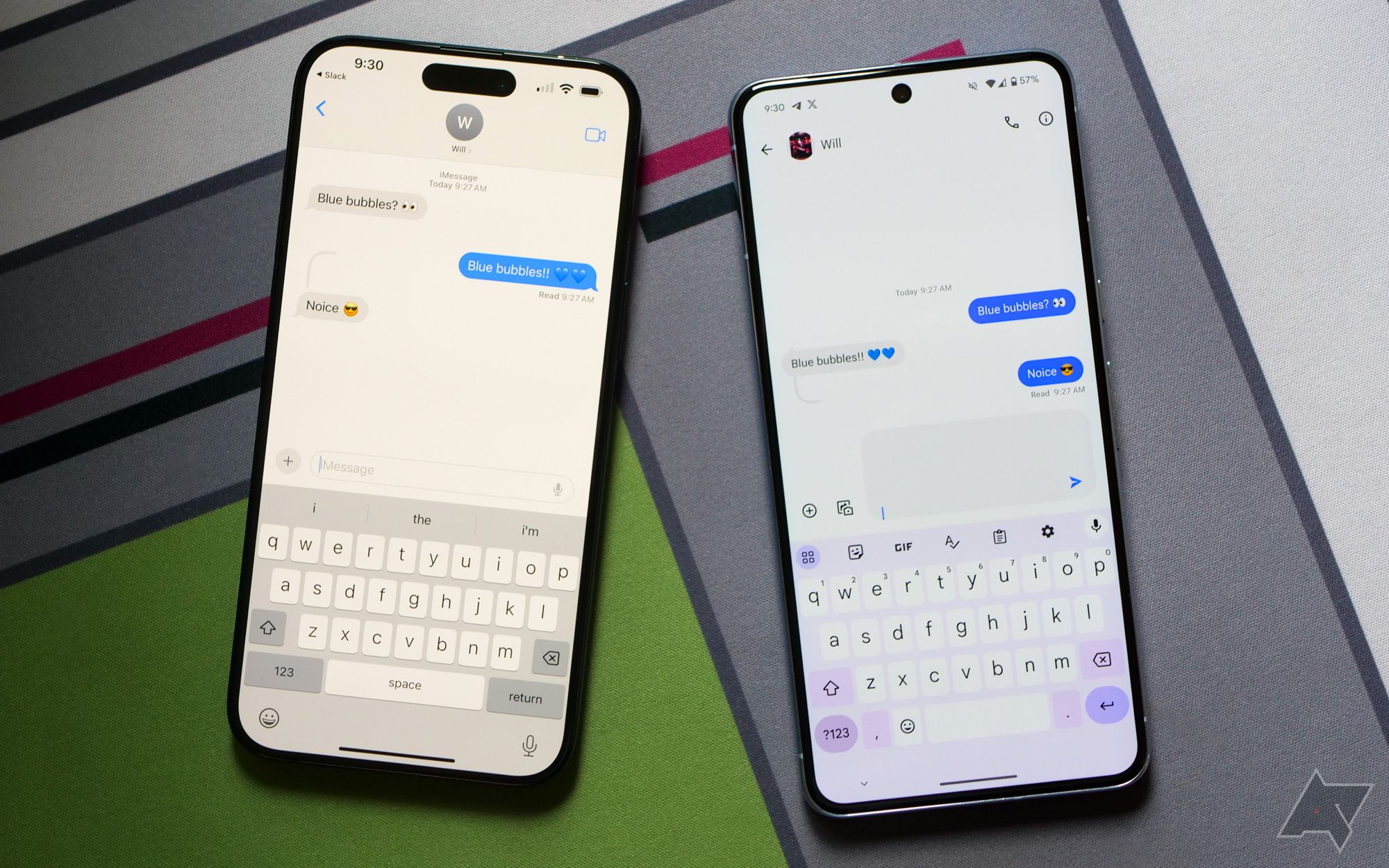 An iPhone running iMessage next to an Android phone running Beeper Mini