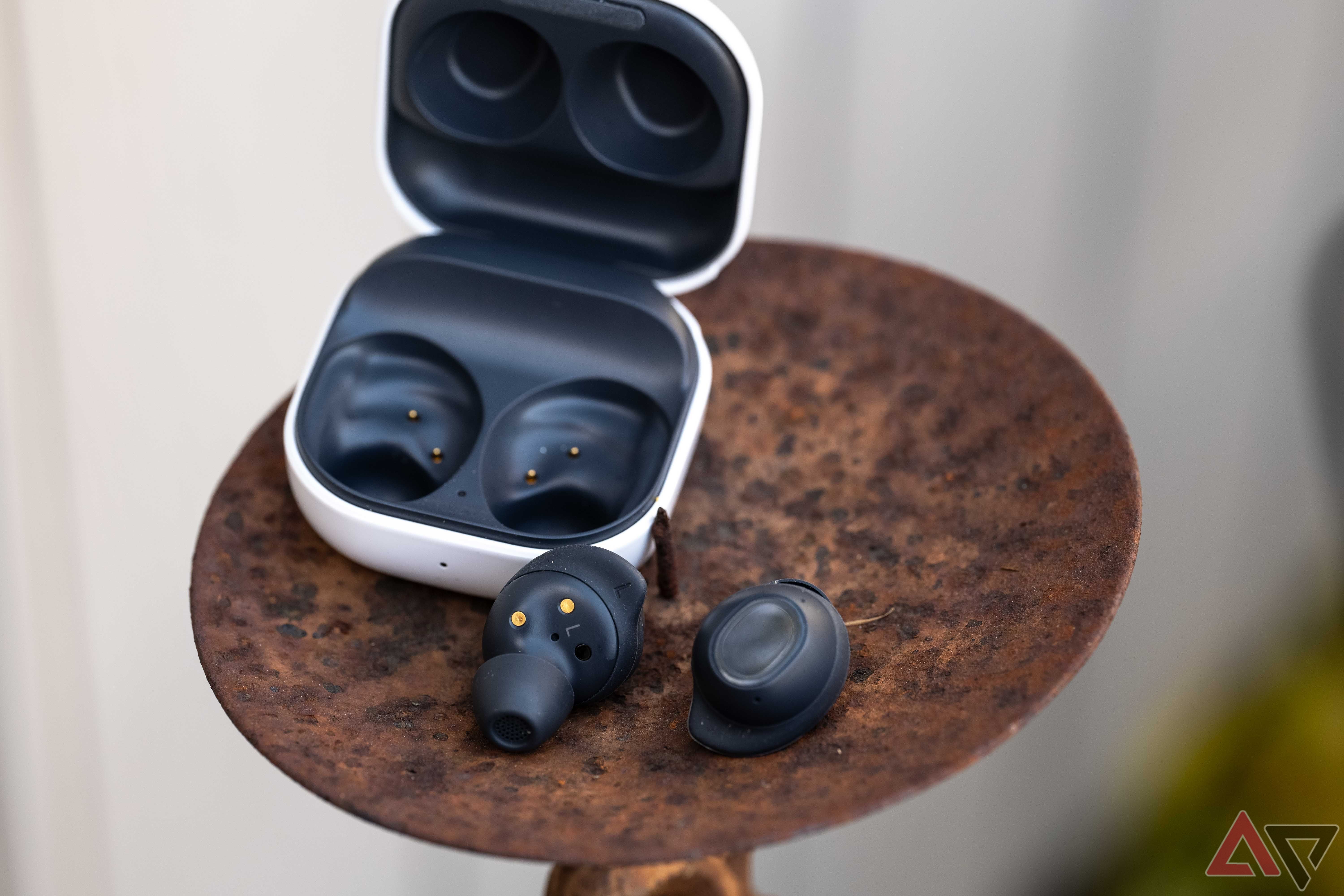 View of the Galaxy Buds FE case open and empty, with the buds in front of it.