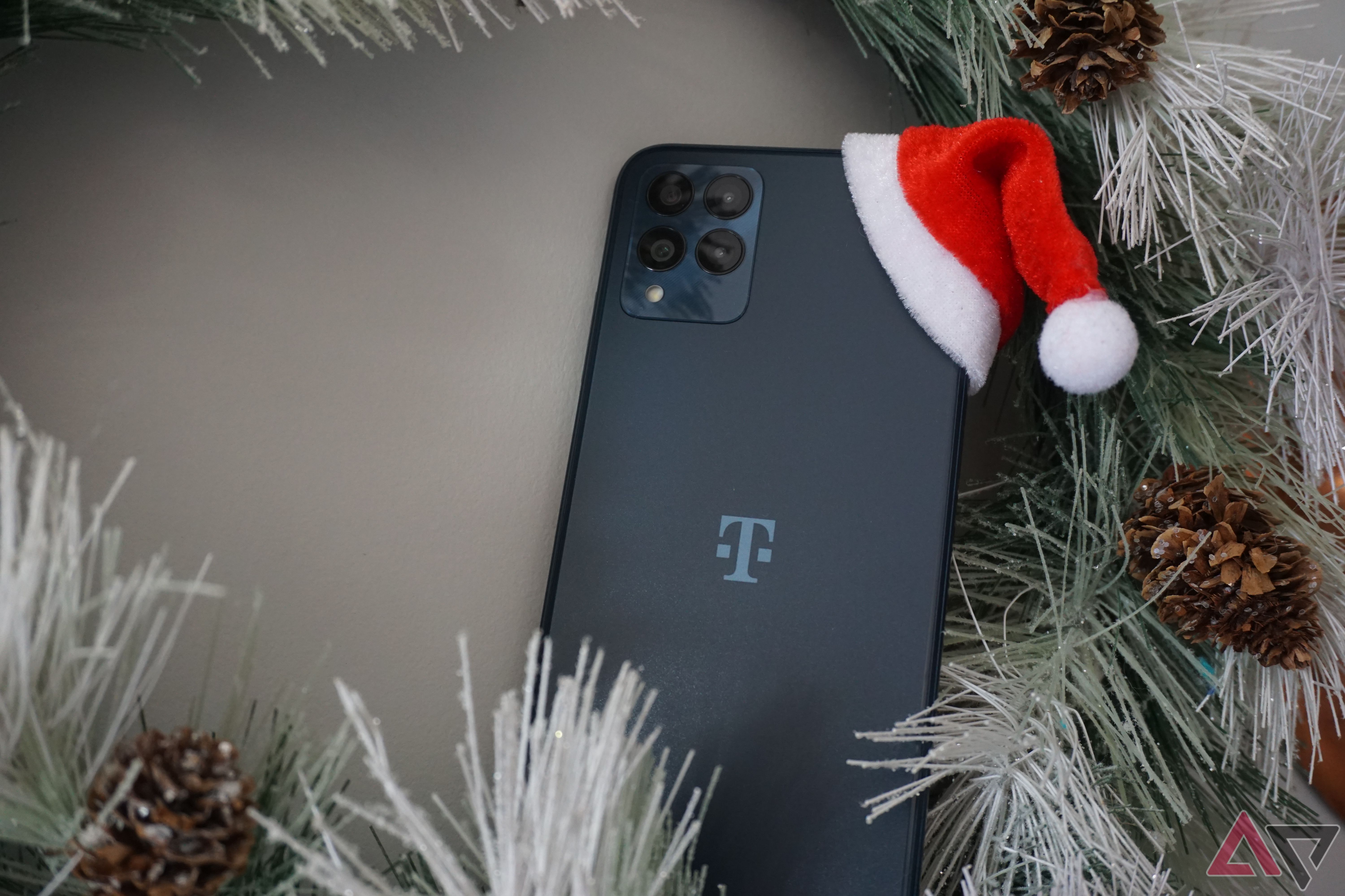 The back of the T-Mobile REVVL 6x Pro with a Santa hat on