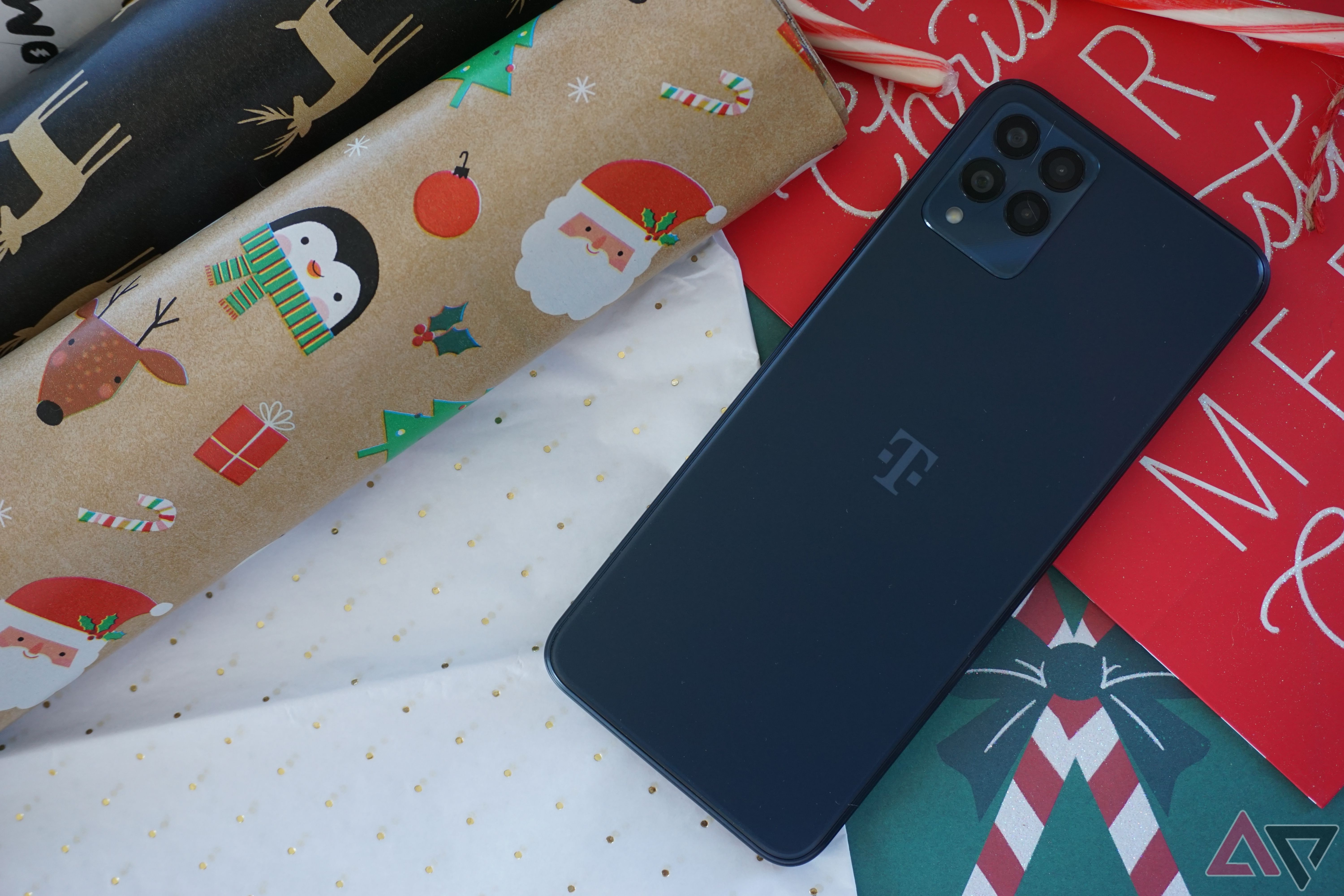 The back of the T-Mobile REVVL 6x Pro on wrapping paper