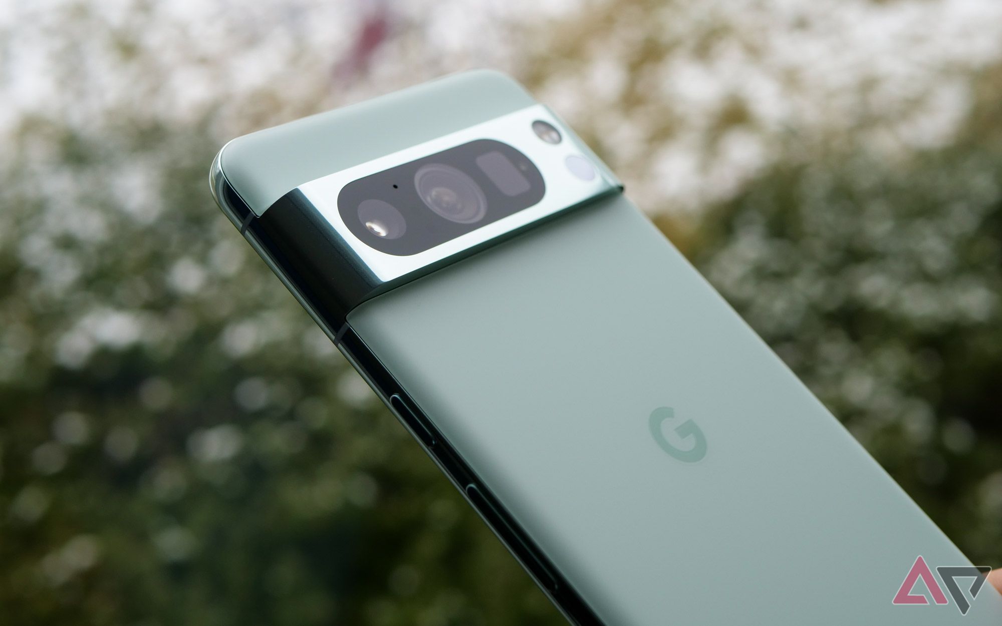 Google's Pixel 8 Pro in mint angled against the light