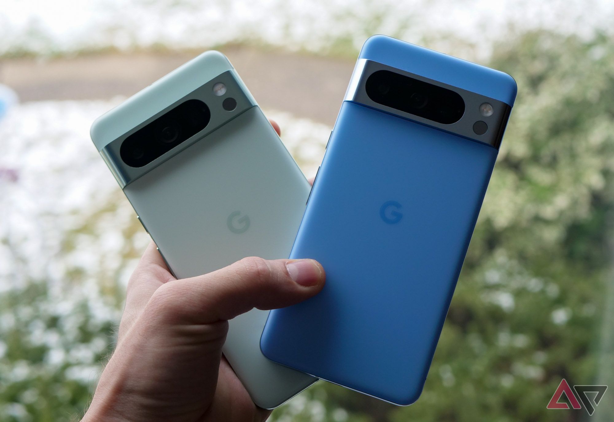 Google's Pixel 8 Pro in mint next to the Blue Pixel 8 Pro