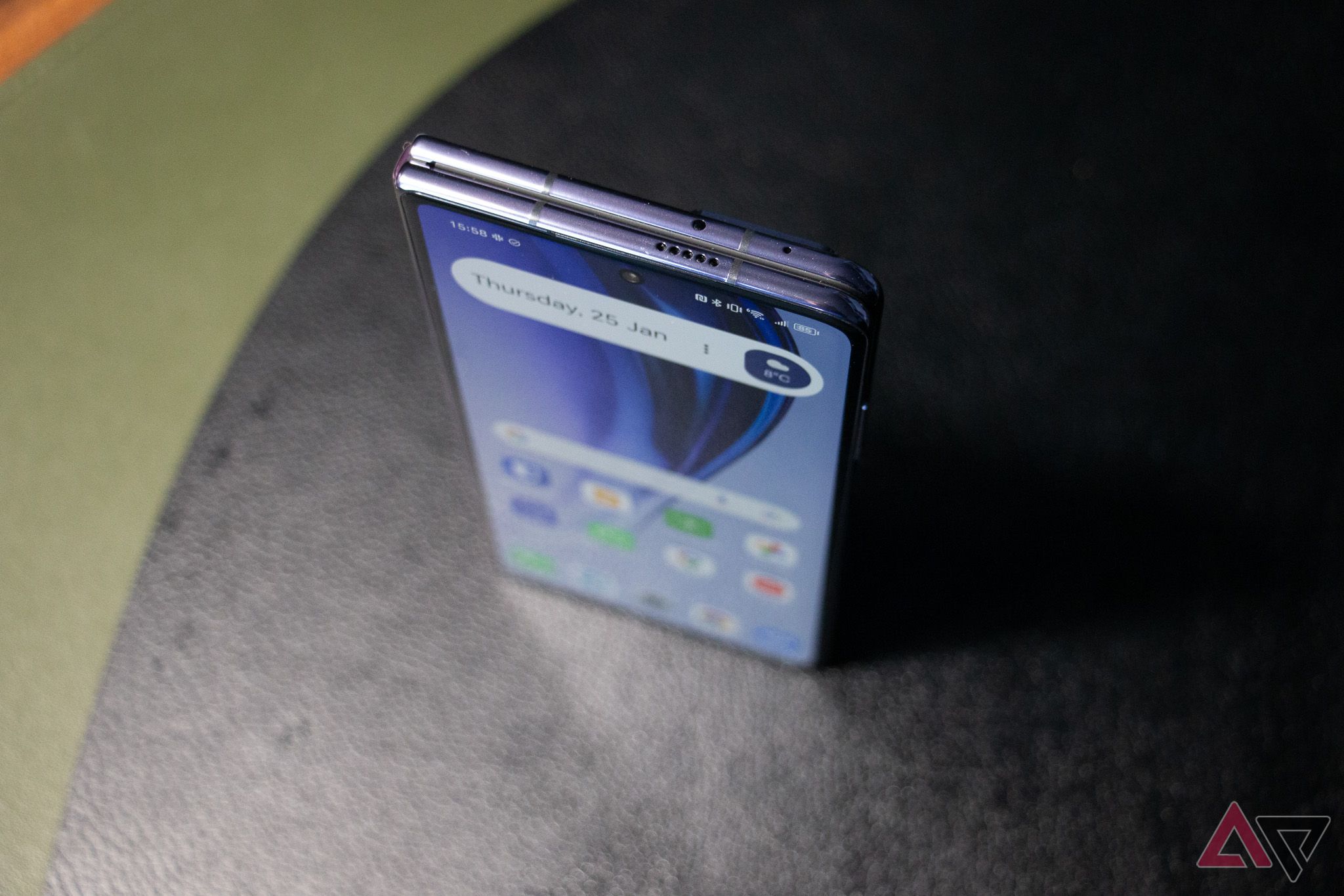 The Honor Magic V2 from the top, showing off how thin it is when folded