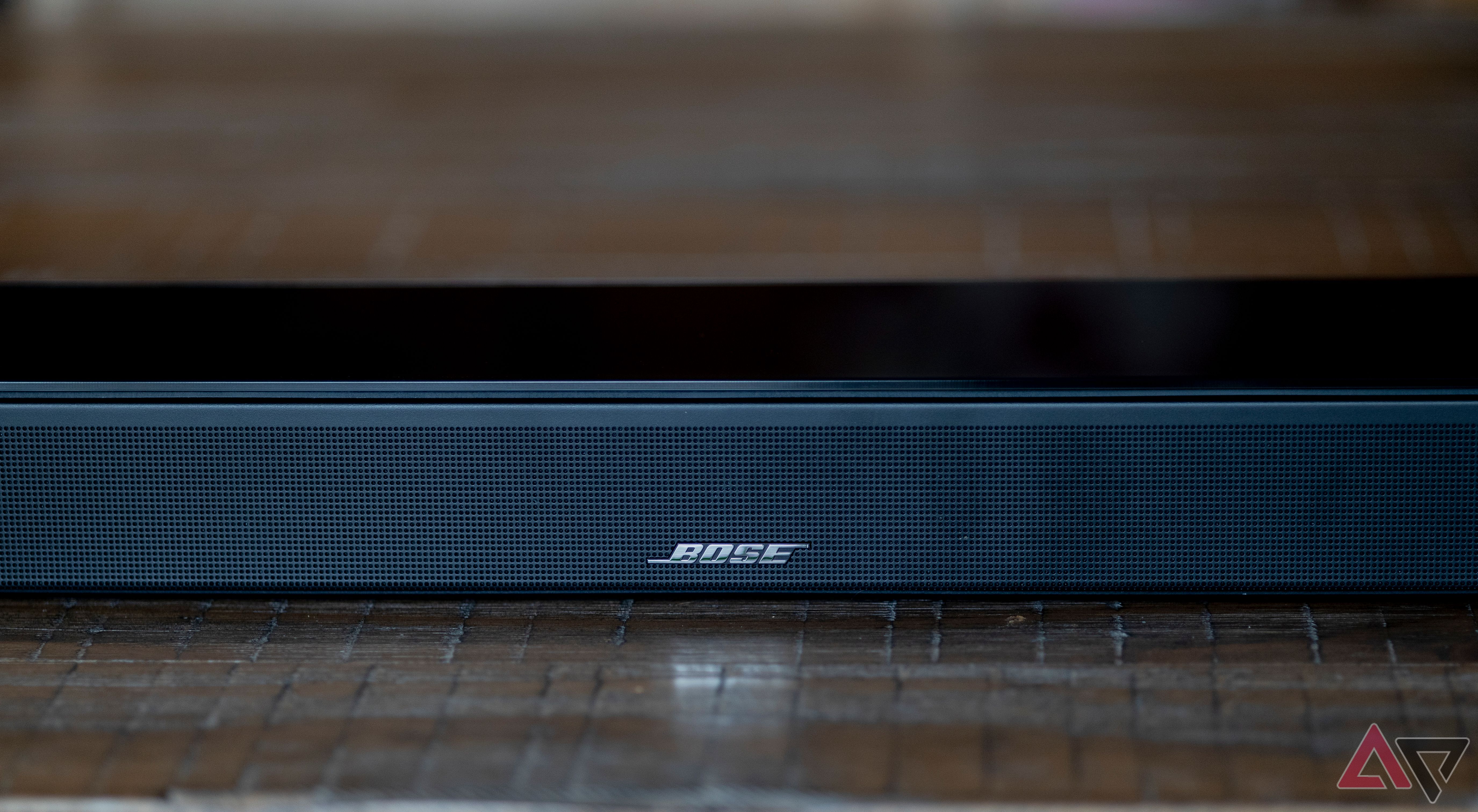 Close-up of the Bose Smart Ultra Soundbar logo