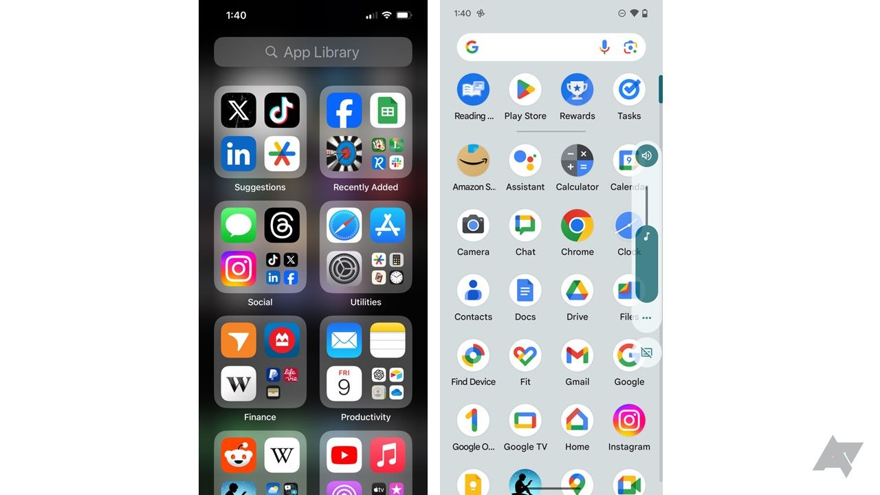 A side-by-side comparison of Apple's folder system and the app drawer on a Google Pixel.