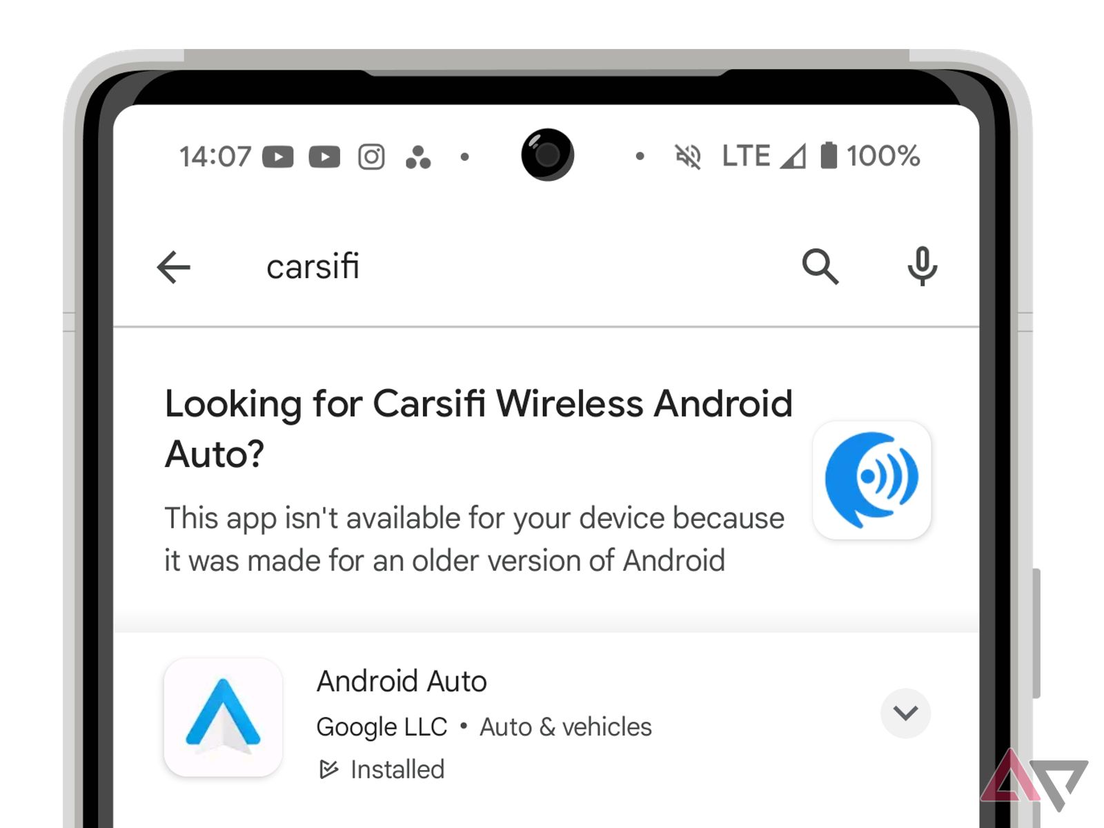 Google Play Store showing Carsifi Wireless Android Auto app unavailable.