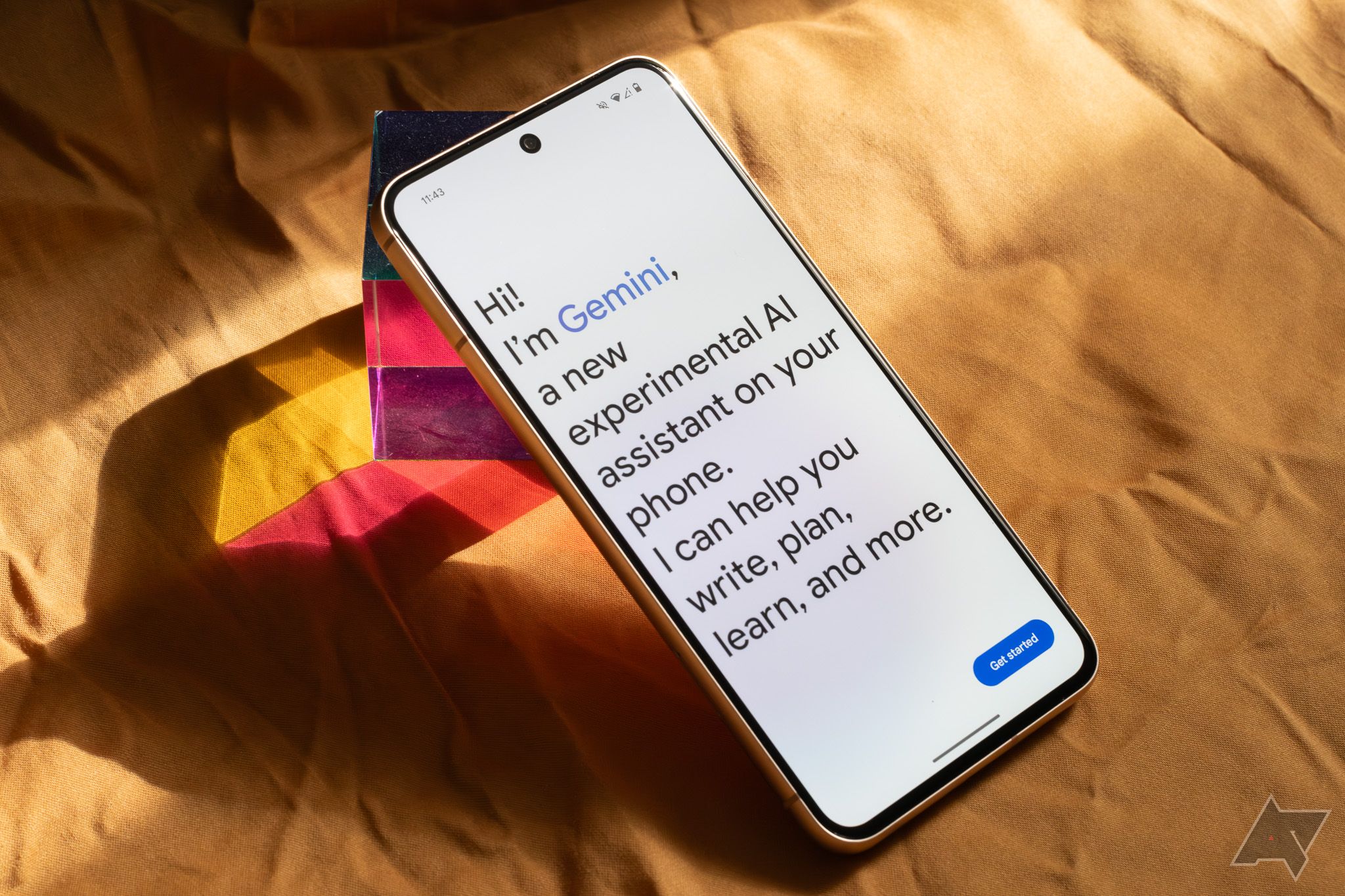 Text introducing the Gemini app displayed on the Google Pixel 8