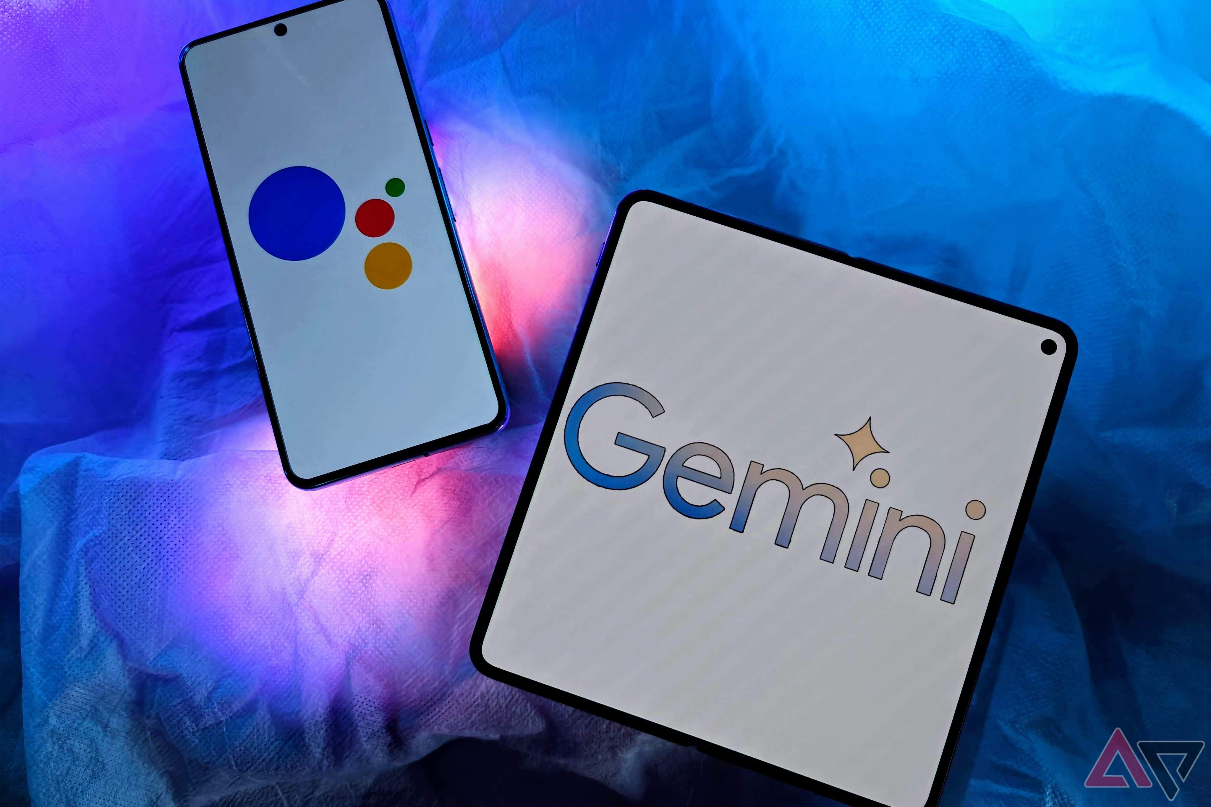 OnePlus Open with Google Gemini logo and Pixel 8 Pro with Google Assistant logo on a table with RGB lights