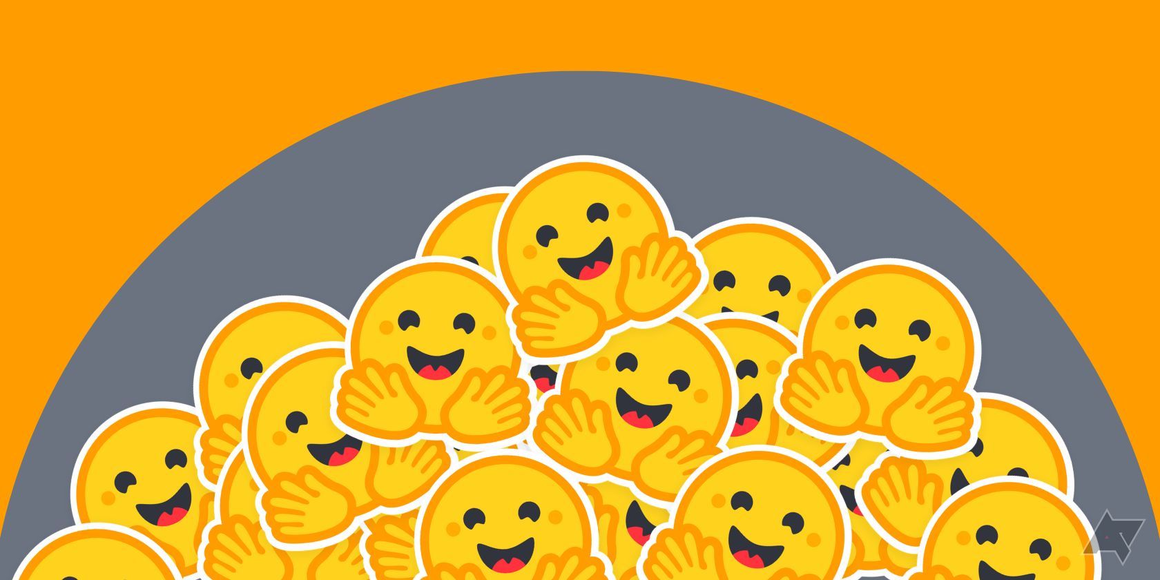 hugging face emojis scattered on a grey circle with an orange background