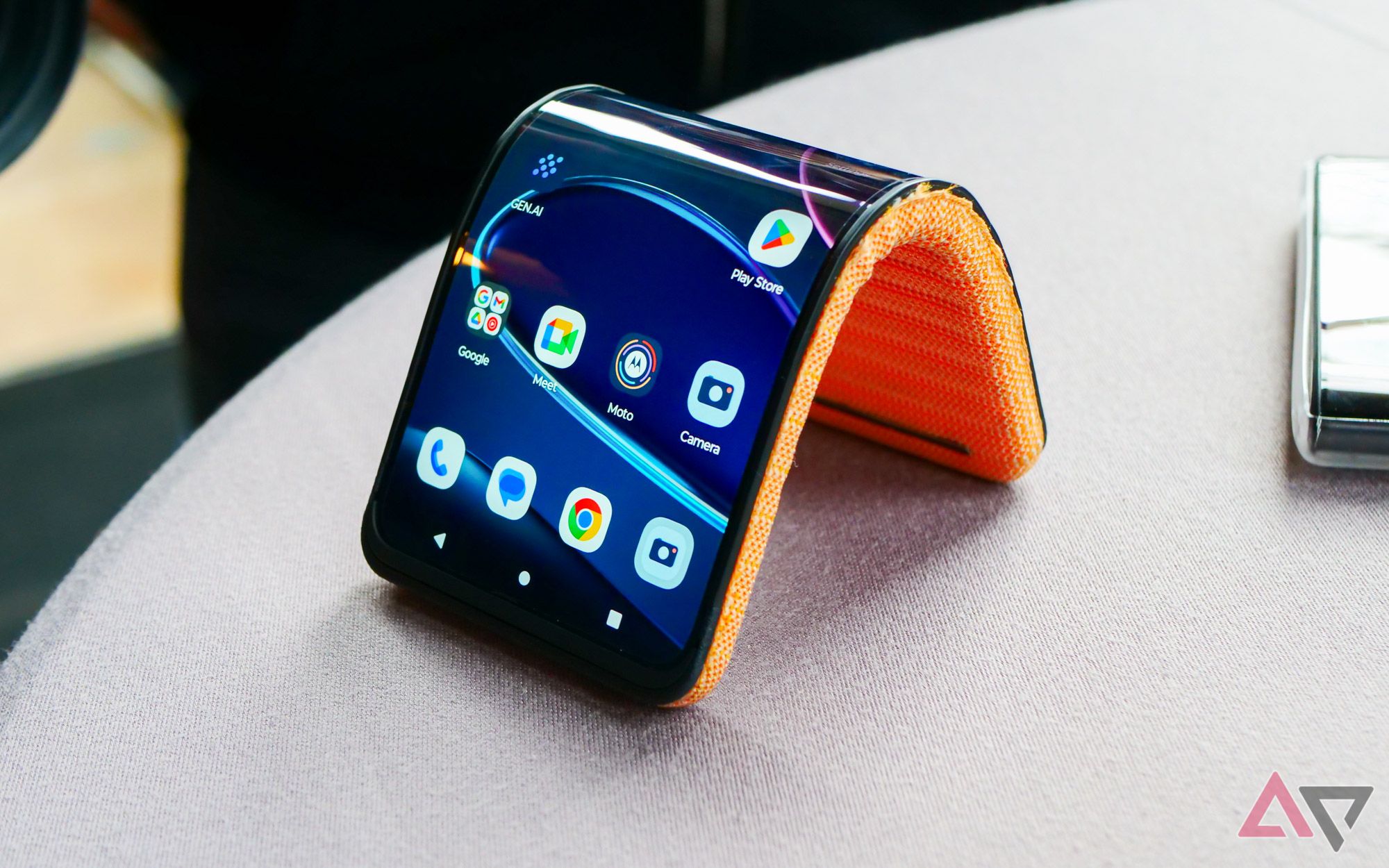 Motorola's bendable phone sitting in tent mode on a table