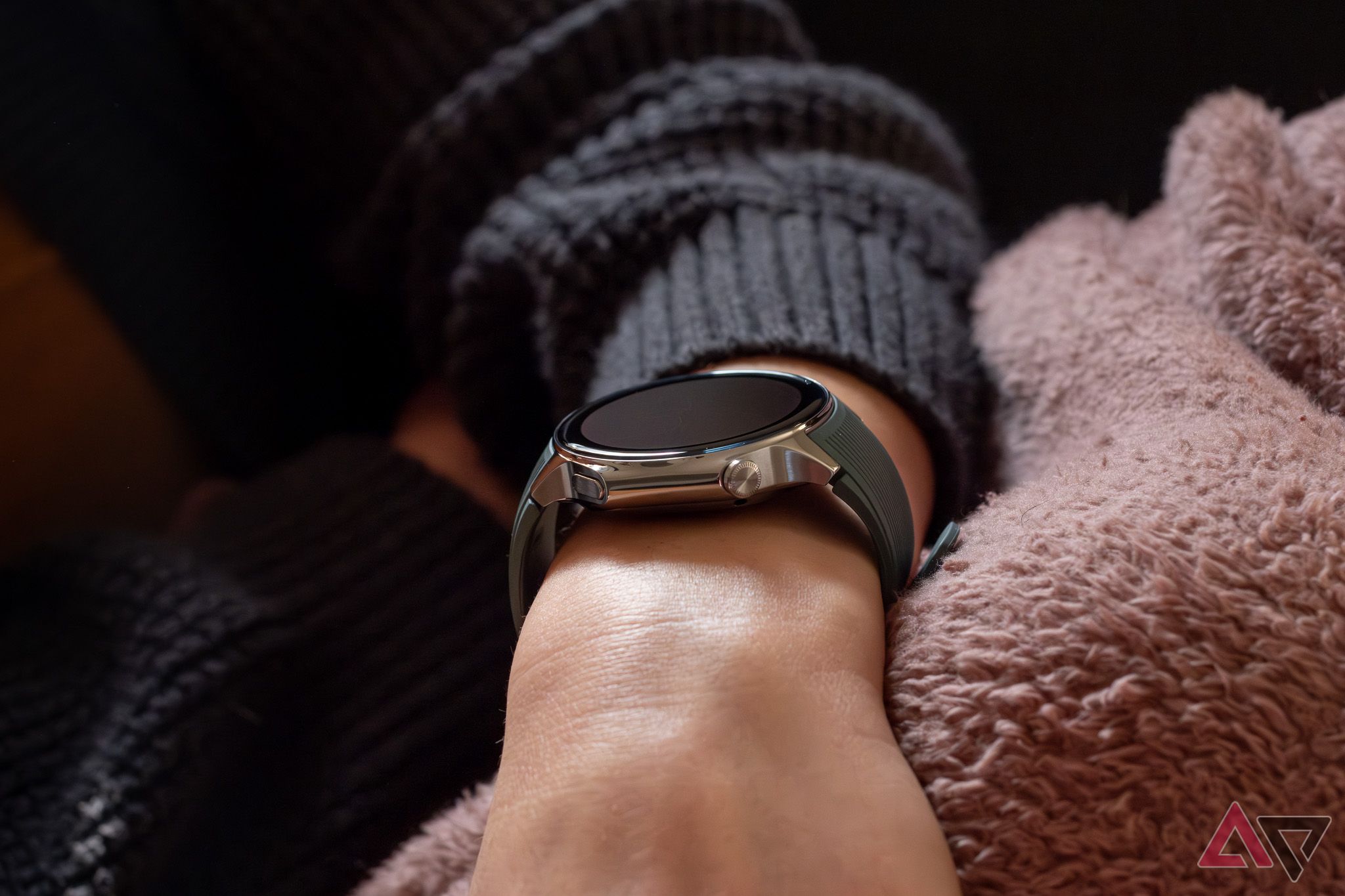 A woman wearing a smartwatch