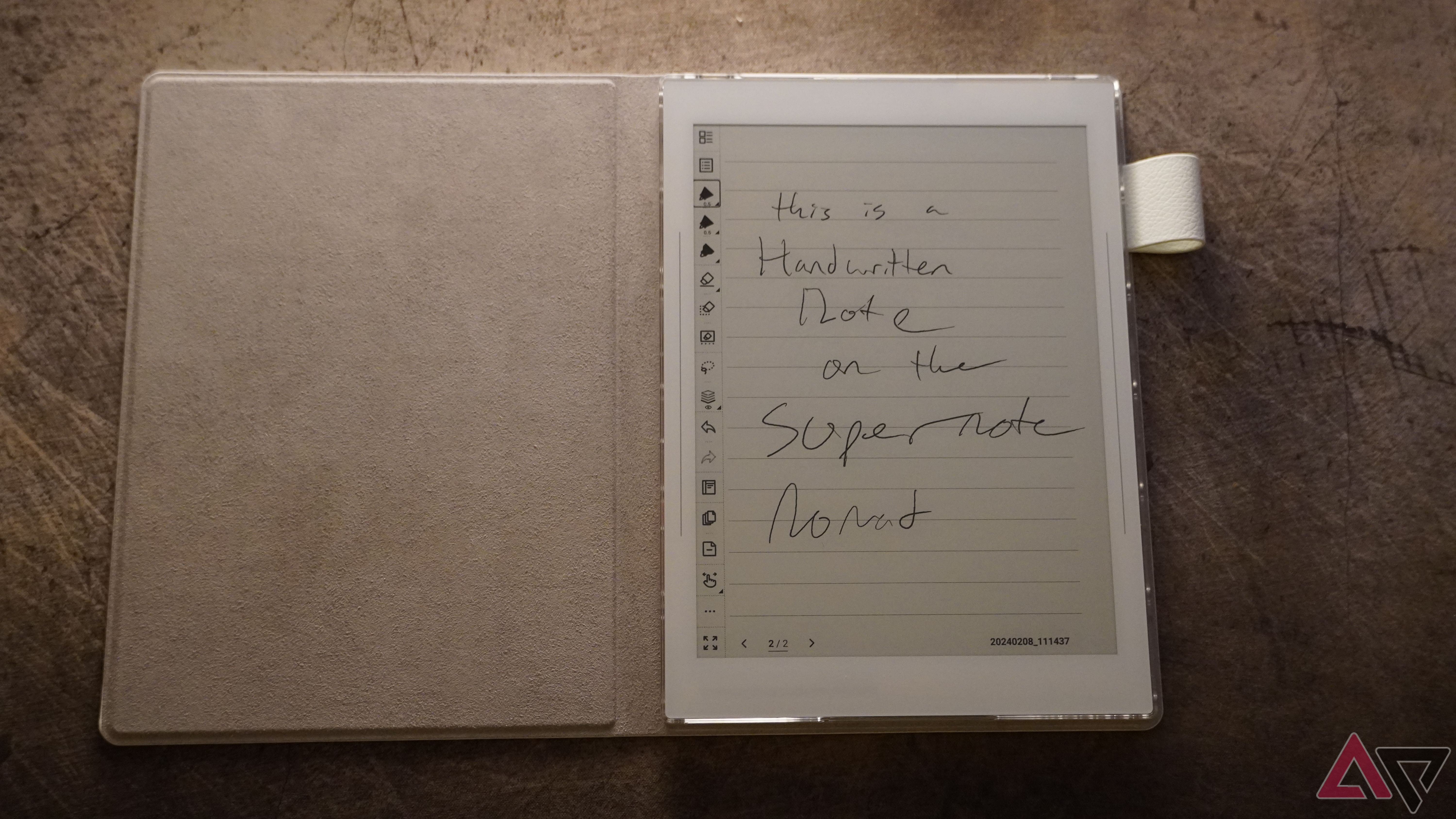 Supernote Nomad writing tablet with a note written onto it