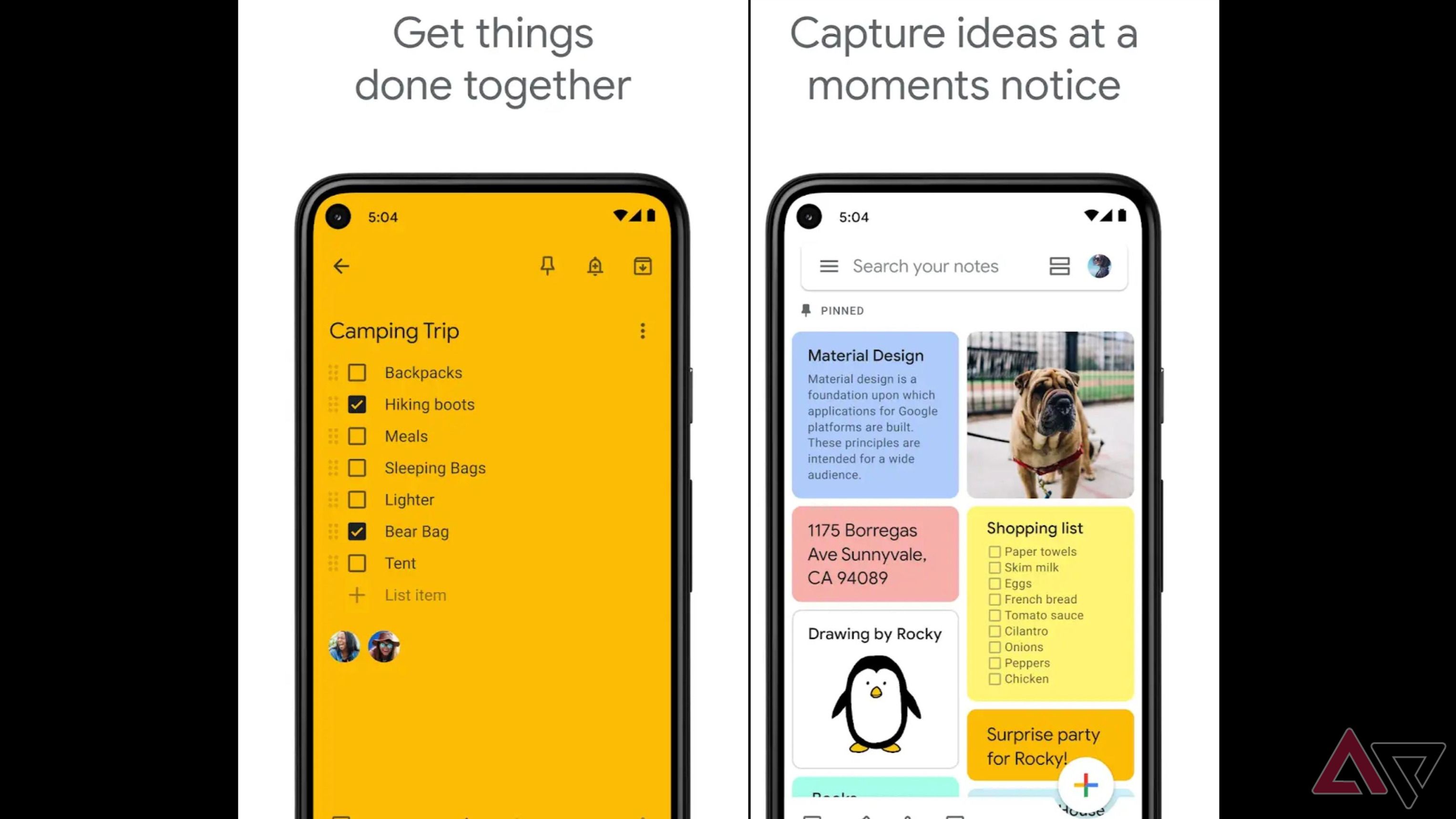 Image of the Google Keep app with a checklist and some colored notes