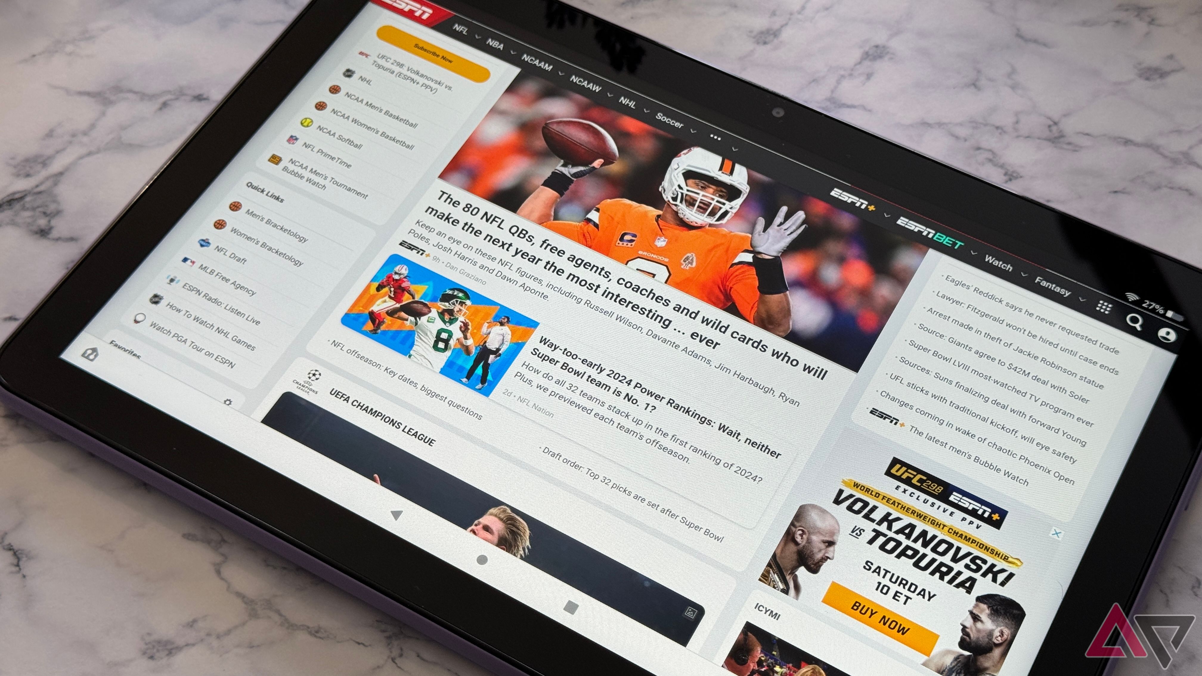 ESPN homepage on the display of the Amazon Fire HD 10