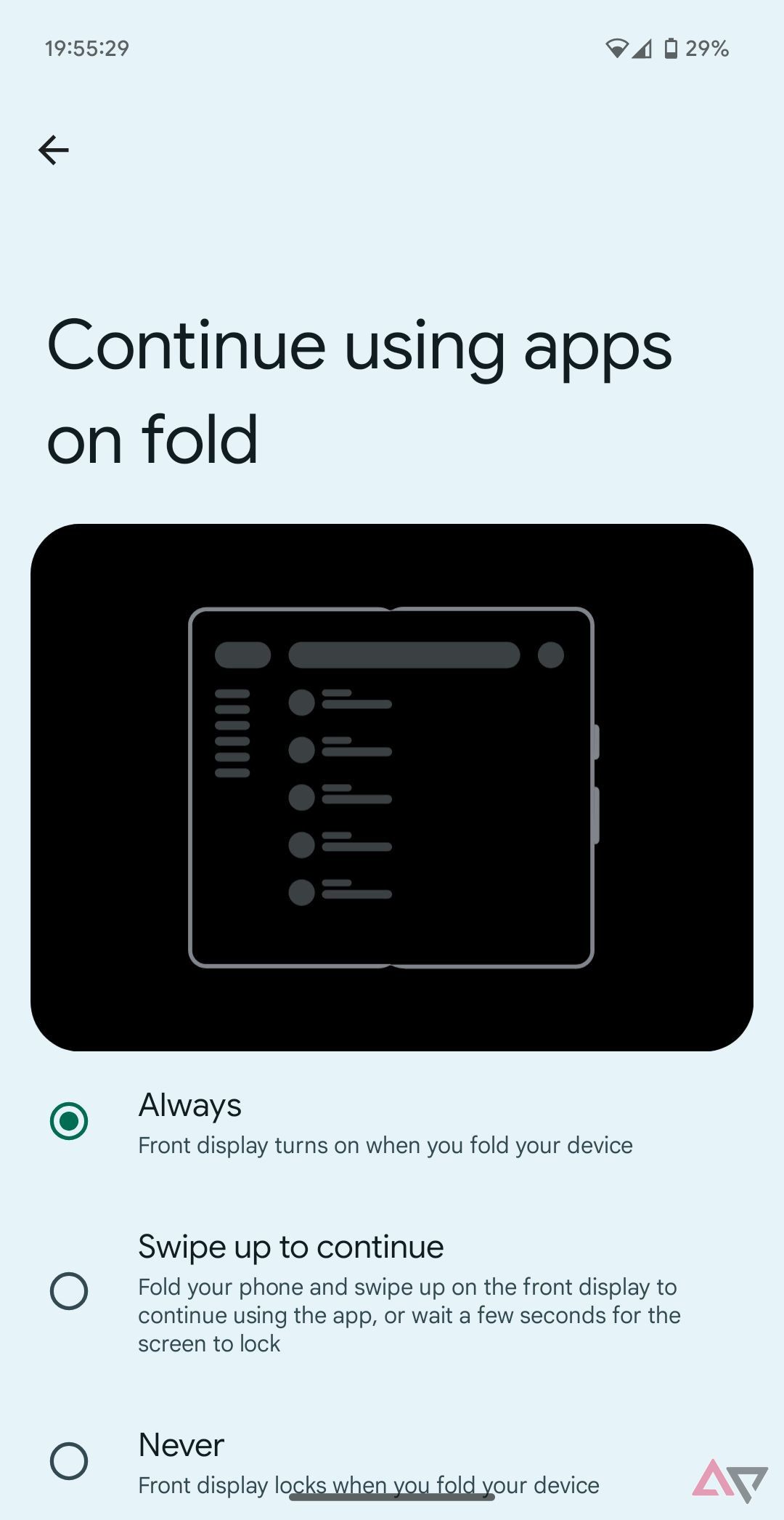 Screenshot of a new "Continue using apps on fold" setting for the Pixel Fold
