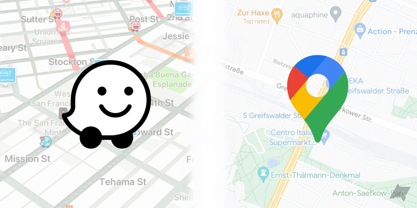 waze and google maps logos superimposed on maps