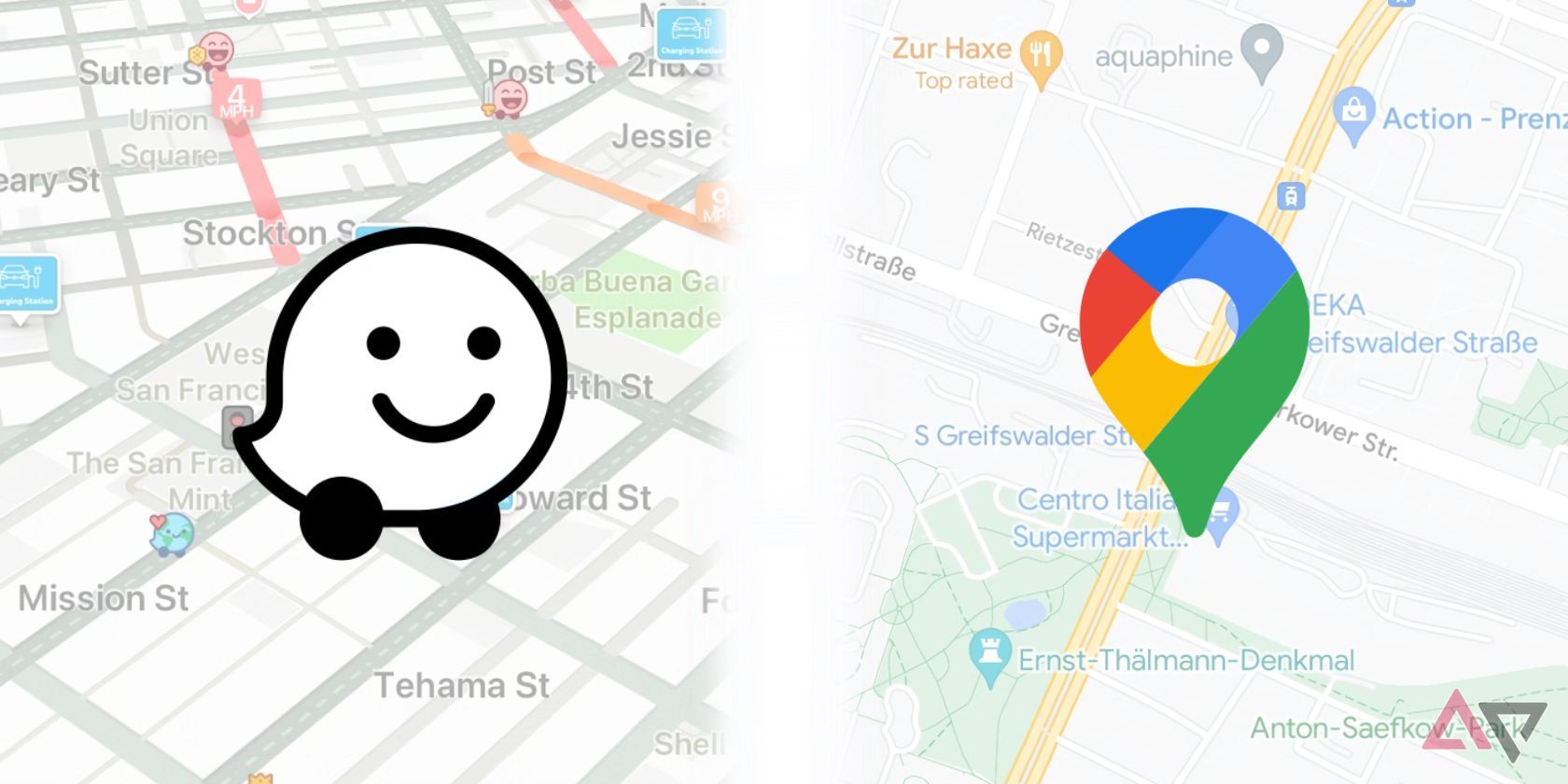 waze and google maps logos superimposed on maps