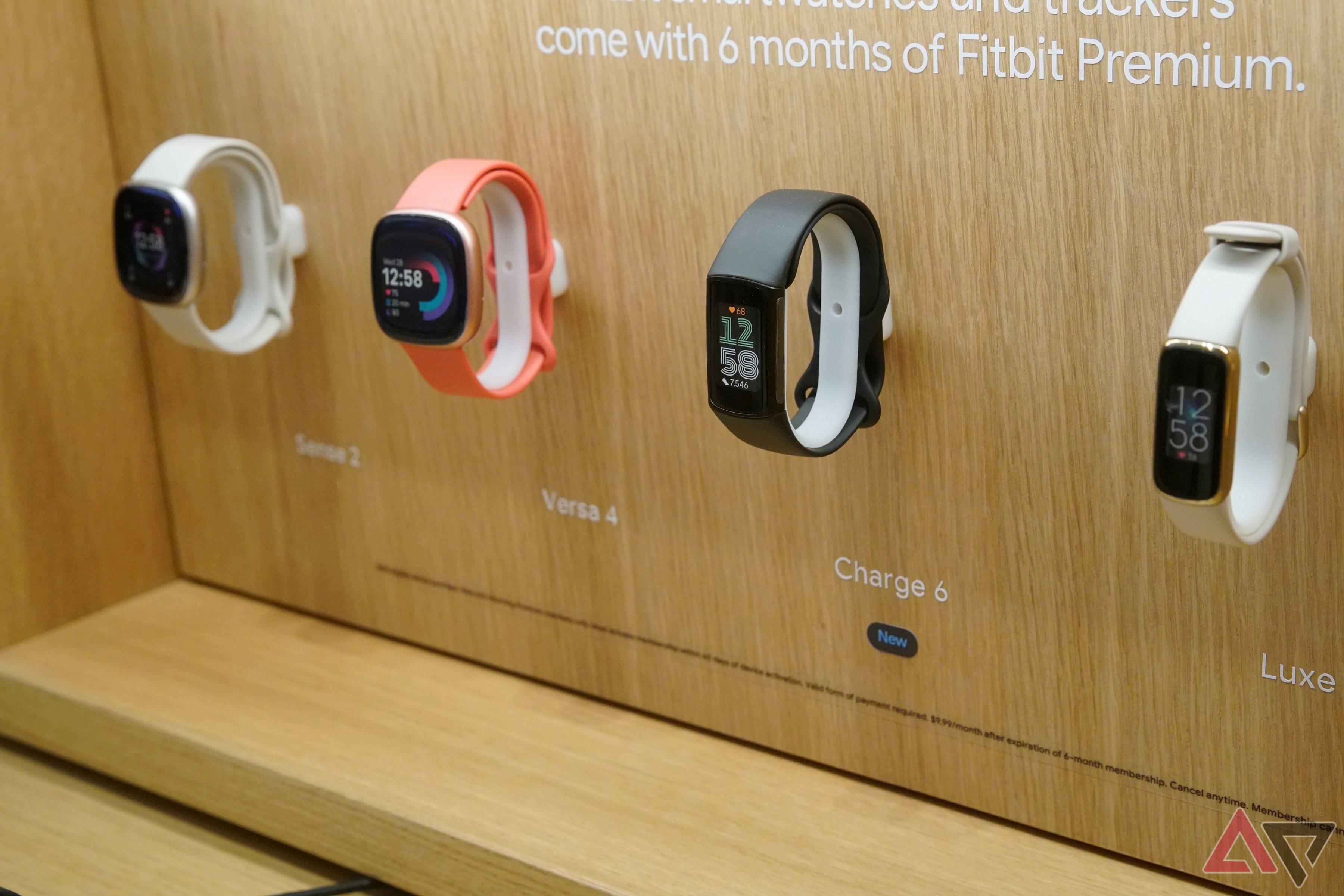 A Fitbit retail display showcasing the Sense 2, Versa 4, Charge 6, and Luxe trackers.