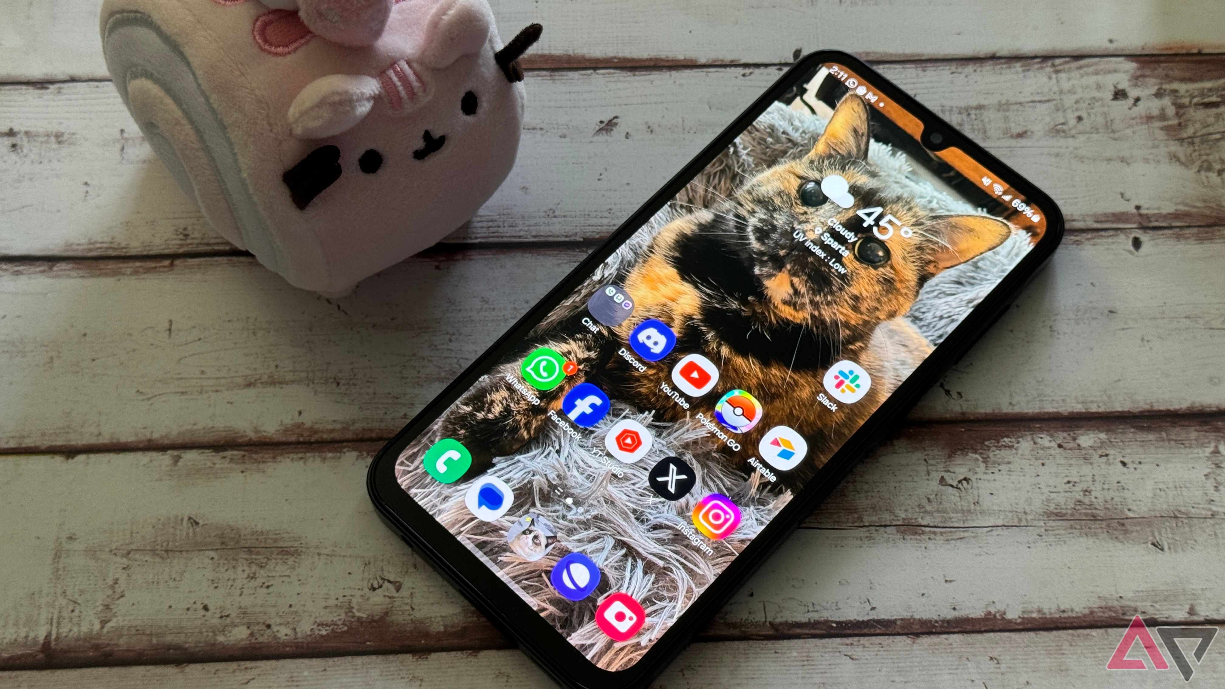 Galaxy A15 home screen with a beautiful cat