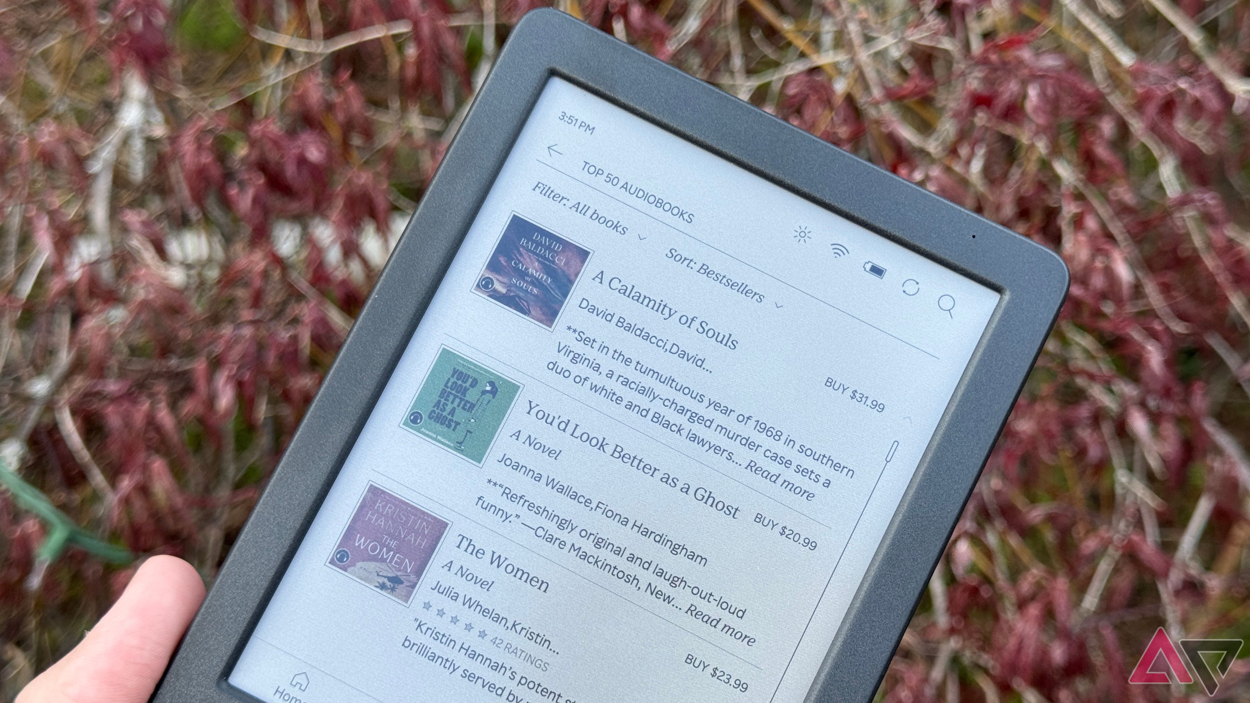 Kobo Clara Colour displaying the top 50 audiobooks in the Kobo store