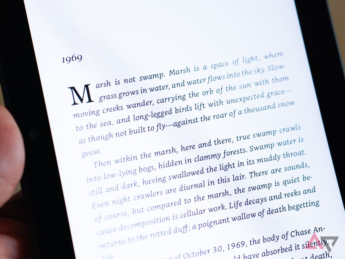 A close up of the Kindle Fire HD 8 screen showing a page from a book