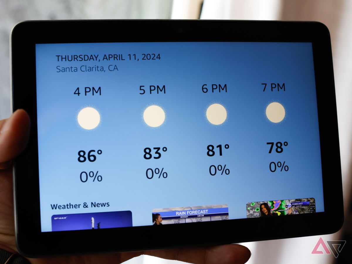 The Kindle Fire HD 8 Plus displaying the day's weather