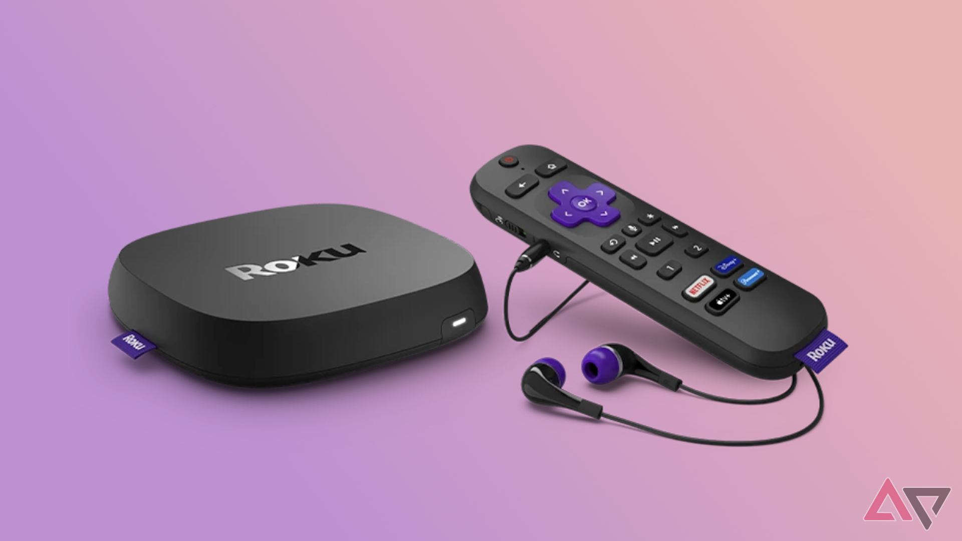 A Roku Ultra, remote, and earbuds against a purple background