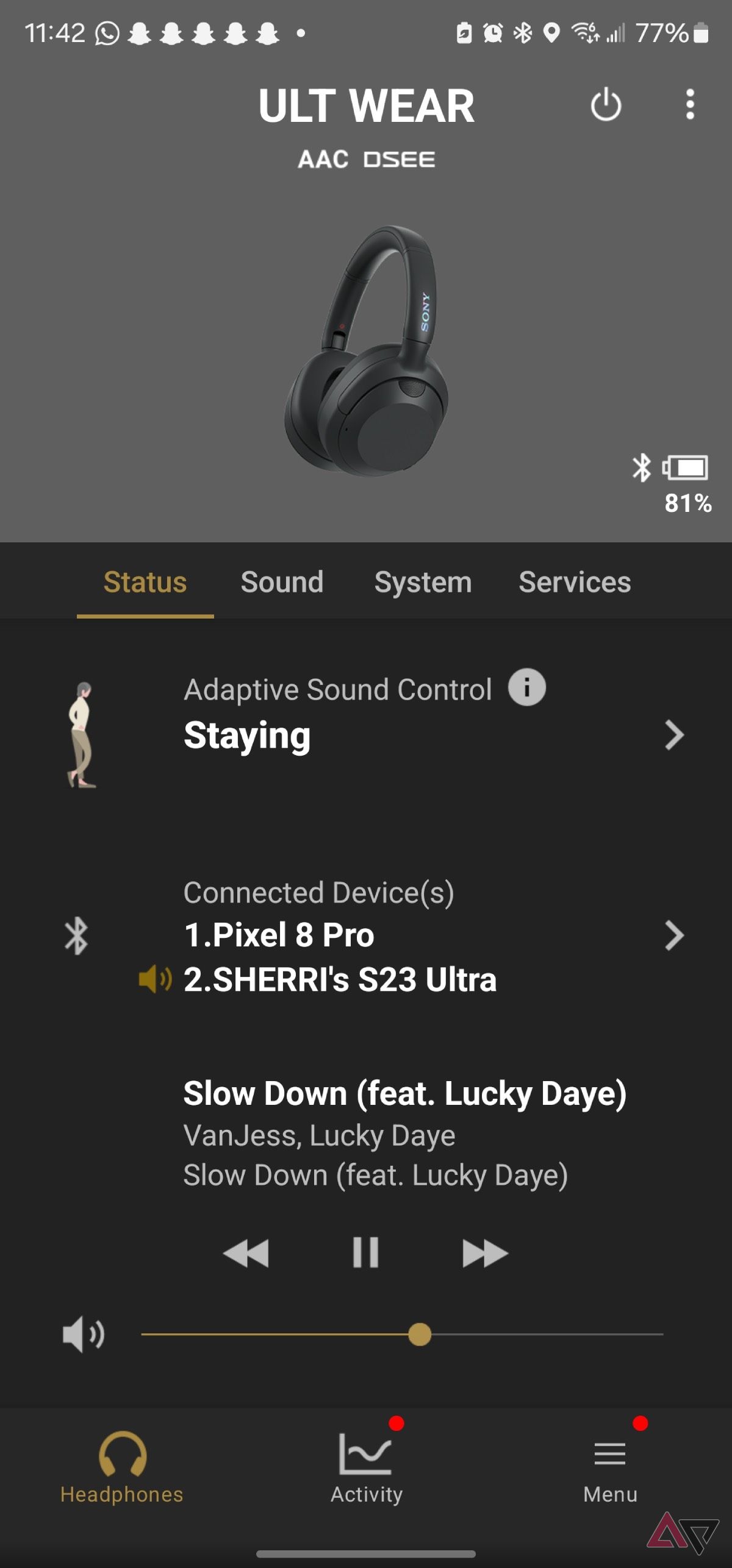 Screenshot of Sony Headphone app main page