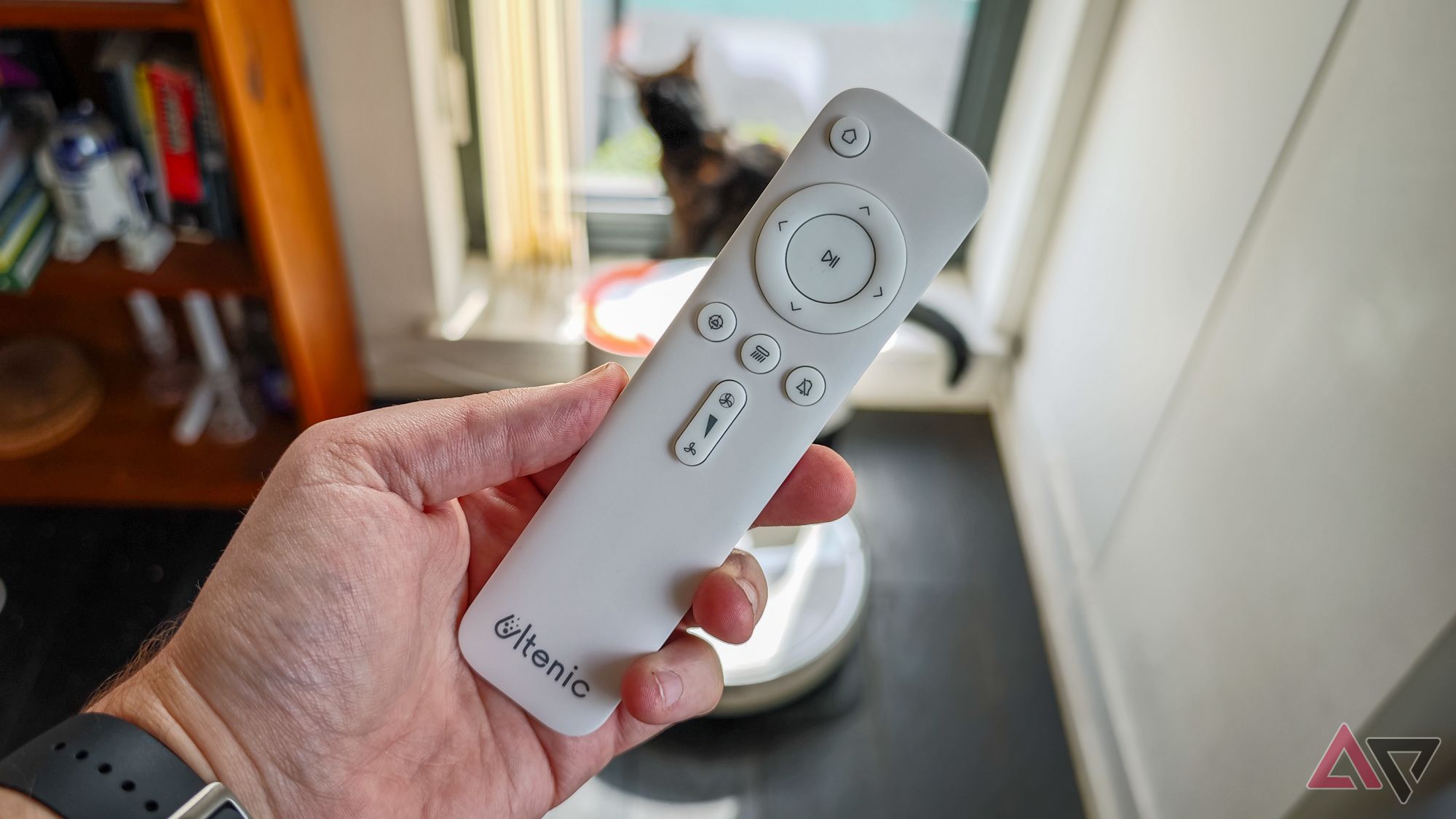 The remote control for the Ultenic T10 Pro robot vacuum, with a cat visible in the background