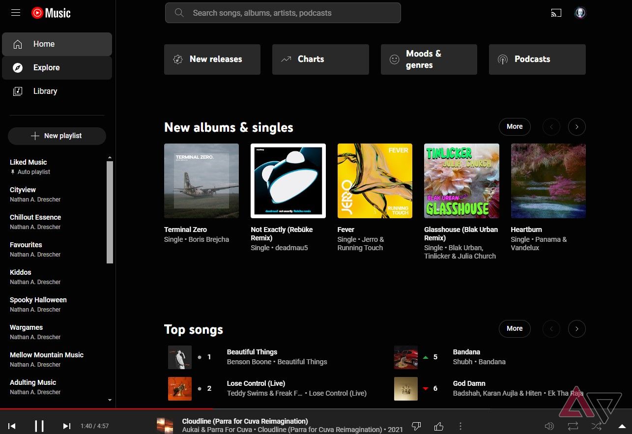 A screenshot of the YouTube Music explore page.