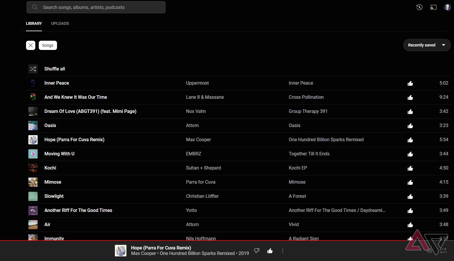 A screenshot of a music library on YouTube Music with no column for play counts.