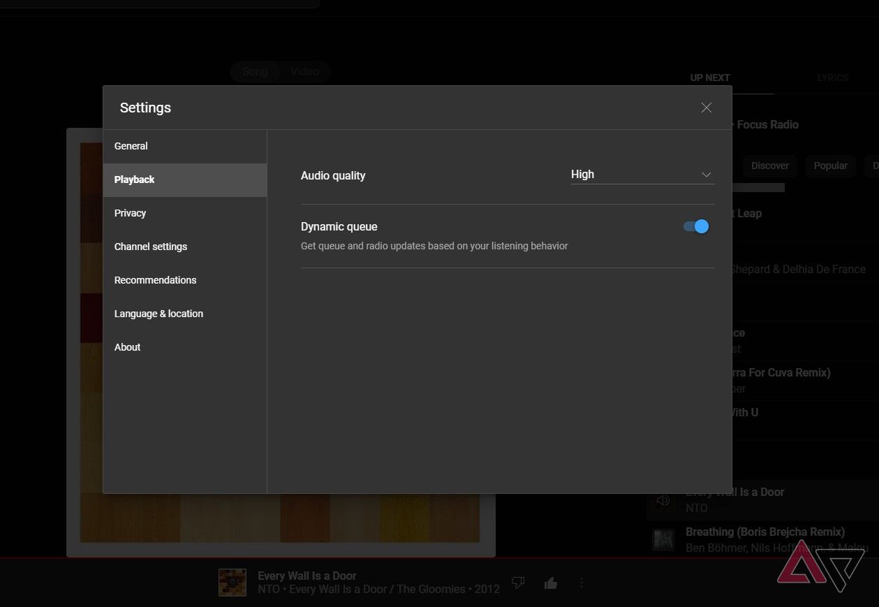 A screenshot of YouTube Music's settings menu on the web.