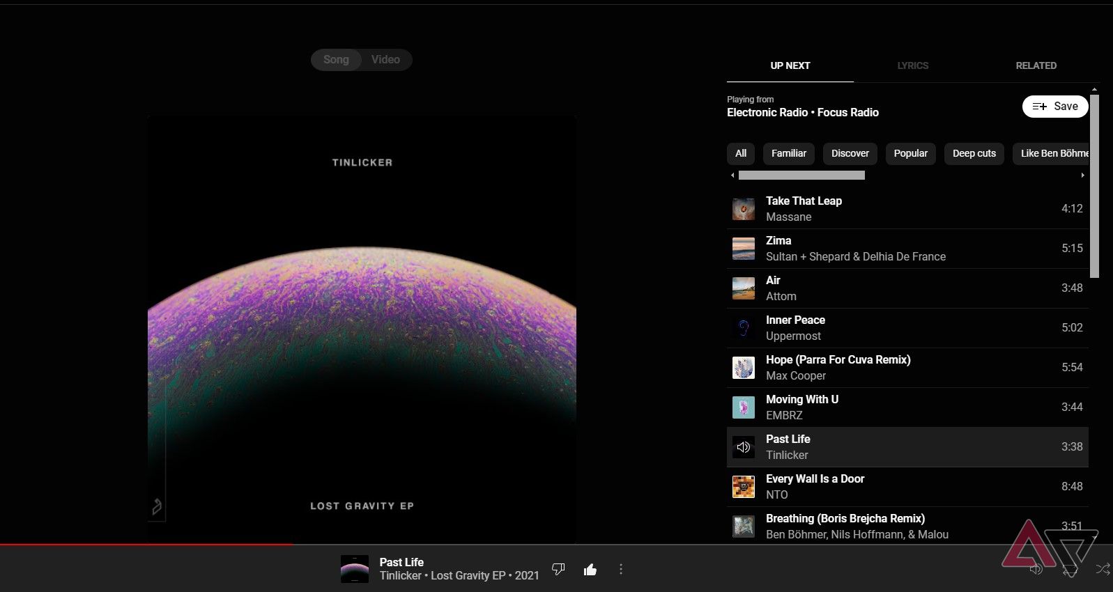 A screenshot of YouTube Music's web player showing everything is in dark mode.