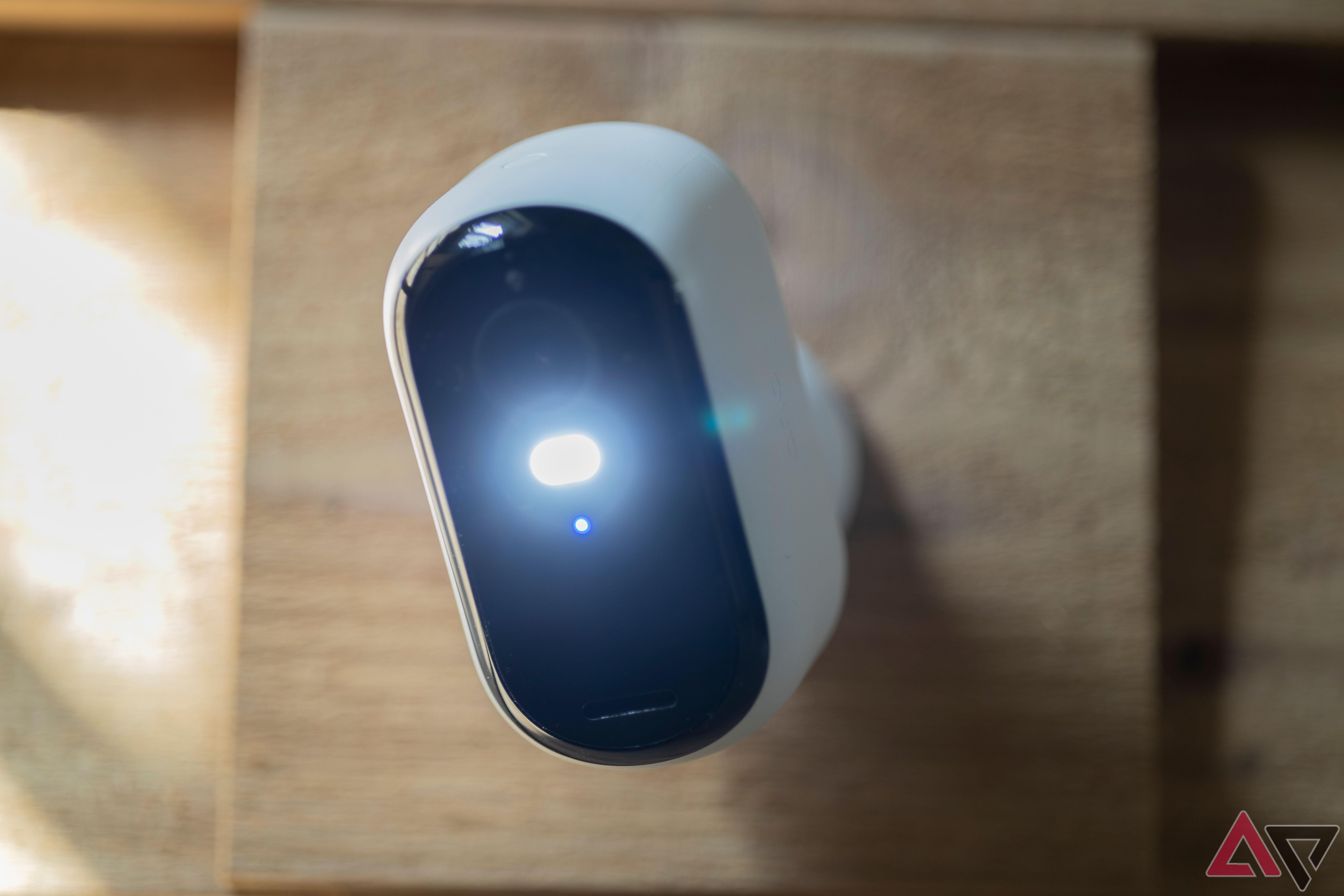 Close up of Arlo Essential XL Outdoor Camera (2nd Gen, 2K) with light on