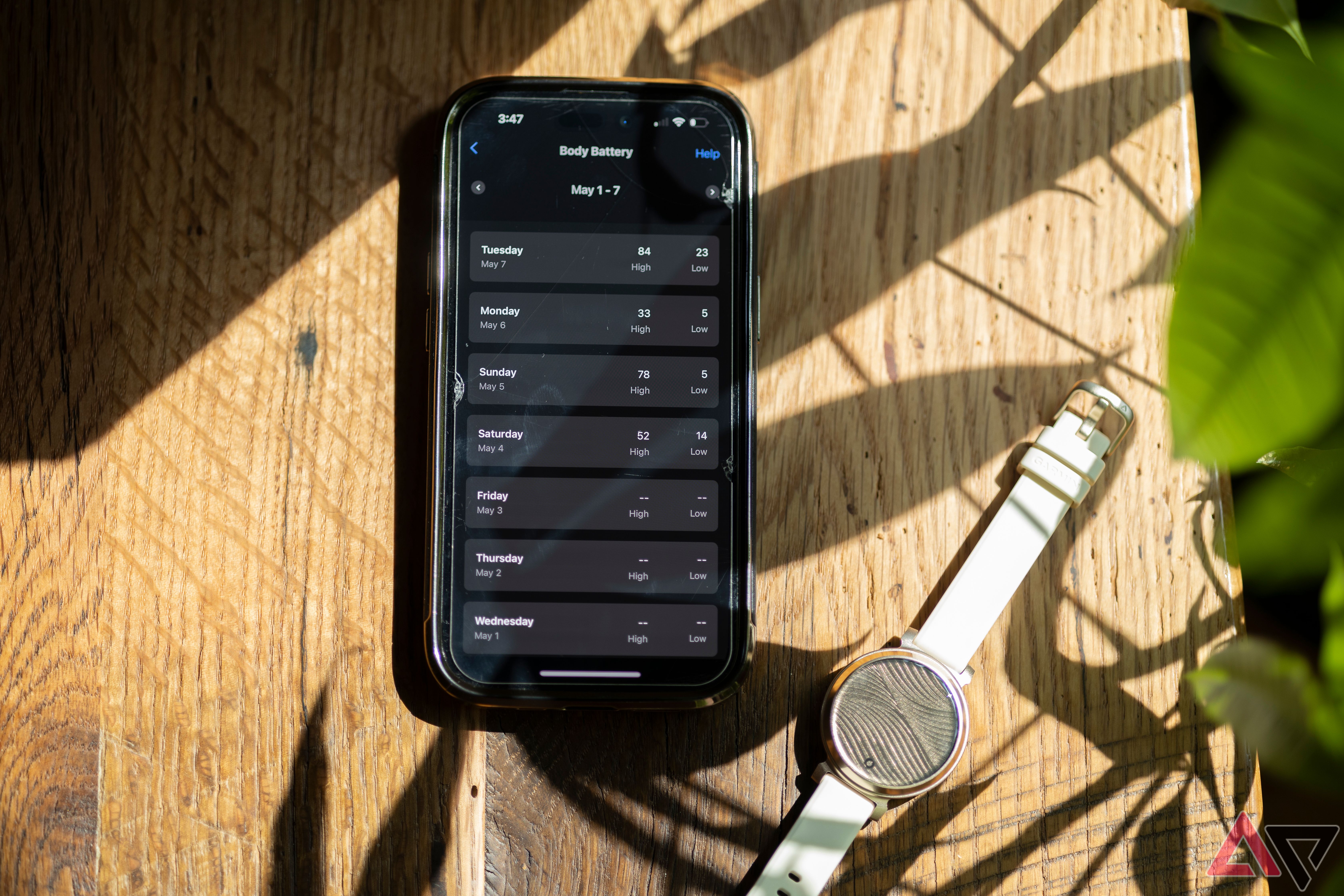 Garmin Lily 2 next to iPhone open to Body Battery stats in Garmin app
