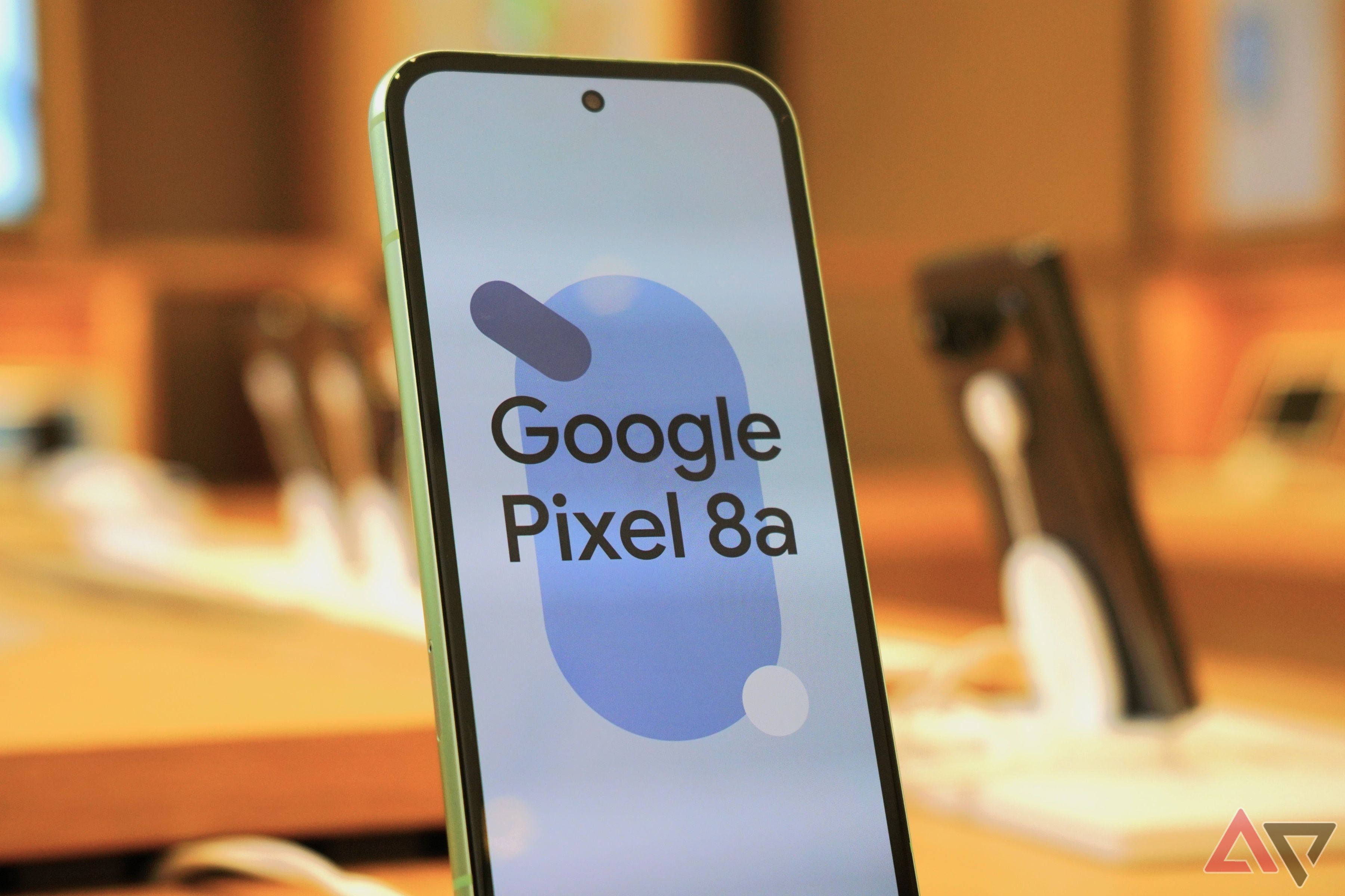 A Pixel 8a retail display unit at the Google Store in Boston.